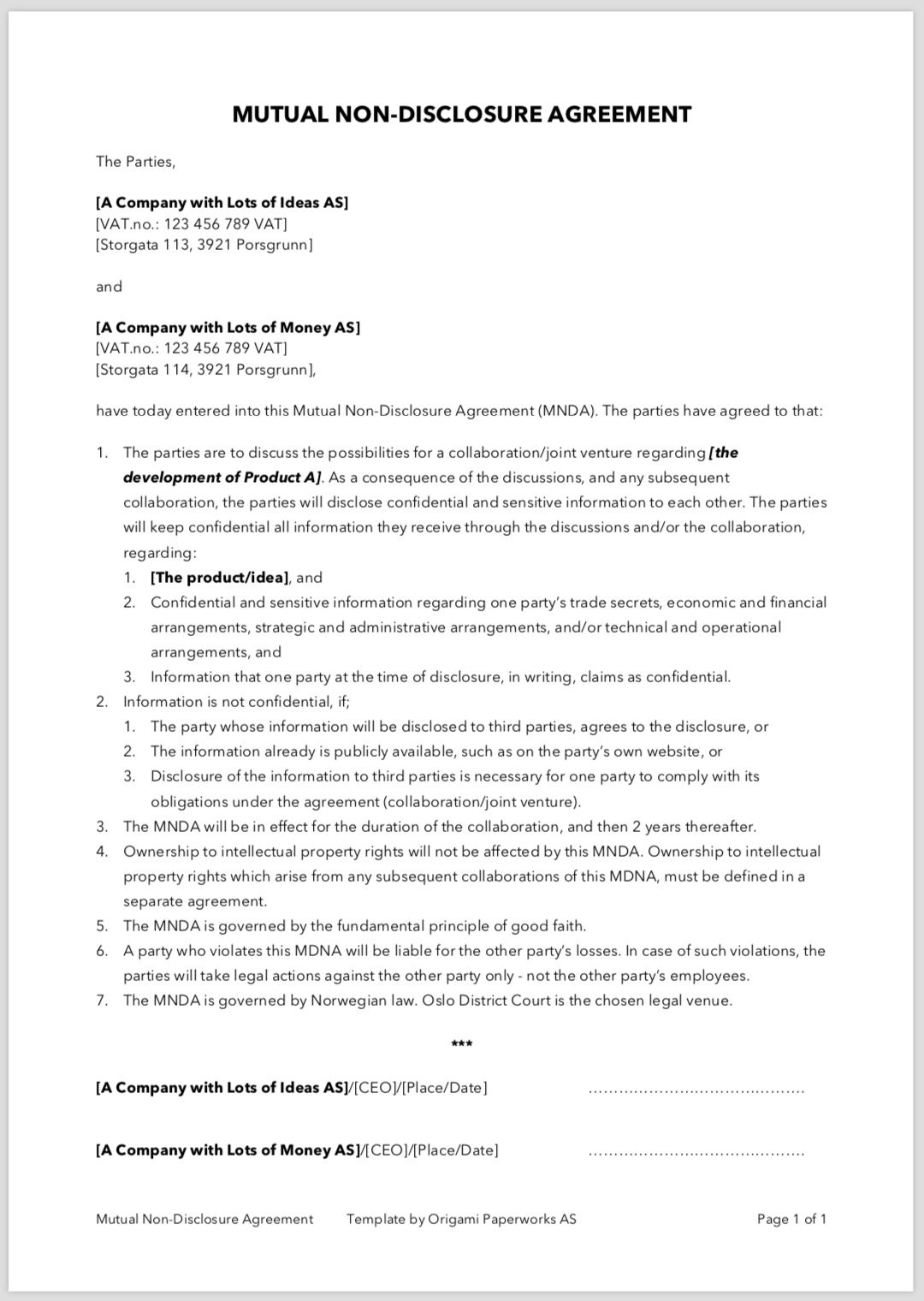 Free Non Disclosure Agreement Template