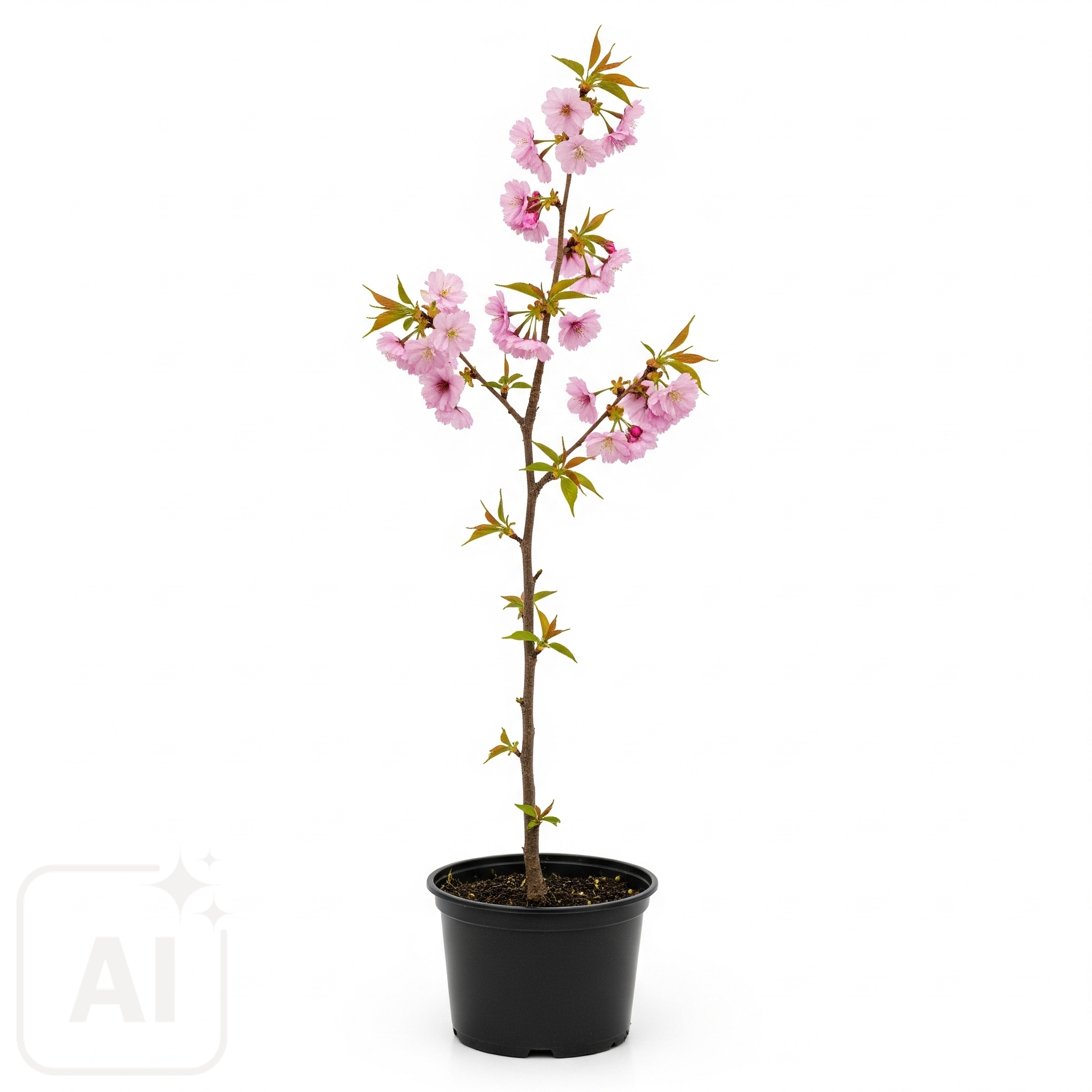 En fantastisk Prunus serrulata, allmänt känd som japansk körsbärsblomma, som visar upp sina fina rosa blommor och frodiga gröna bladverk; perfekt för att ge en touch av elegans och lugn till alla trädgårdsmiljöer.