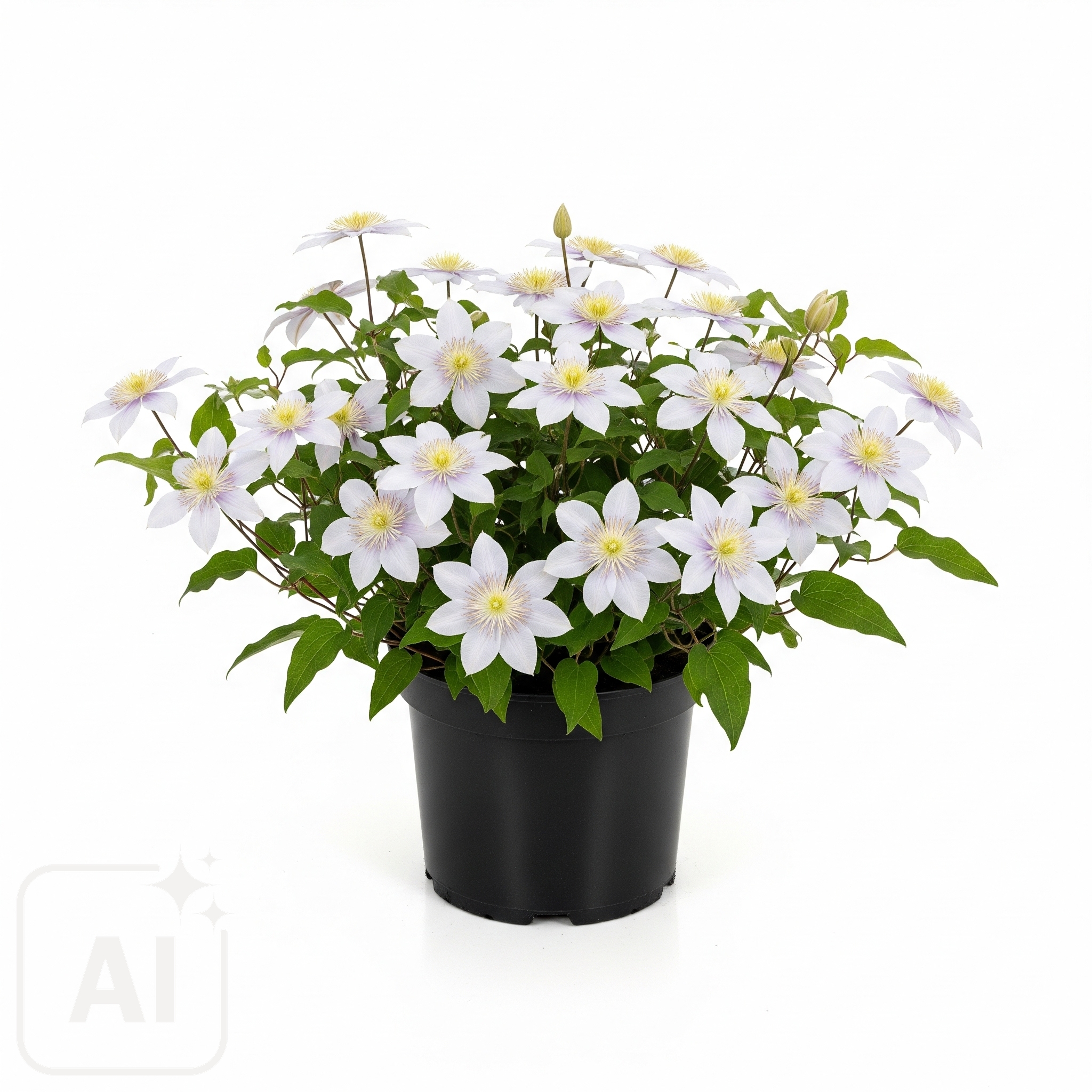 Klematis TSUKIKO, en vacker blommande vinstock, visar upp fina vita blommor med mjuka lavendel accenter, vilket skapar en elegant display som är perfekt för att lägga till en touch av lugn skönhet i alla trädgårdsmiljöer.