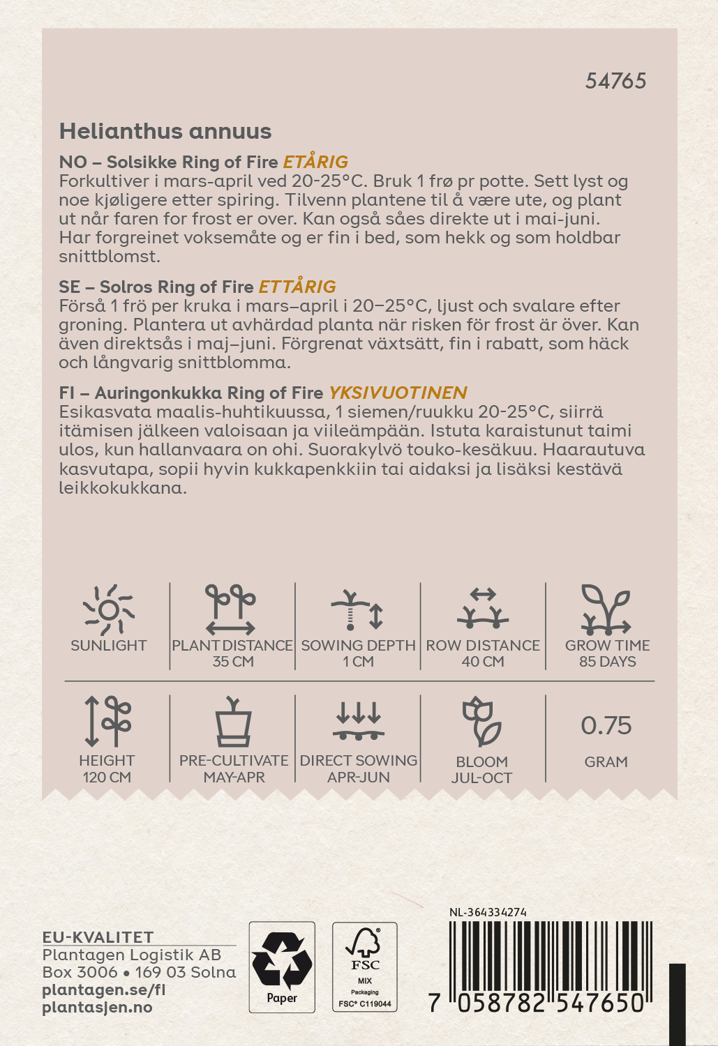 Helianthus Ann. Dwarf Single Sunspot