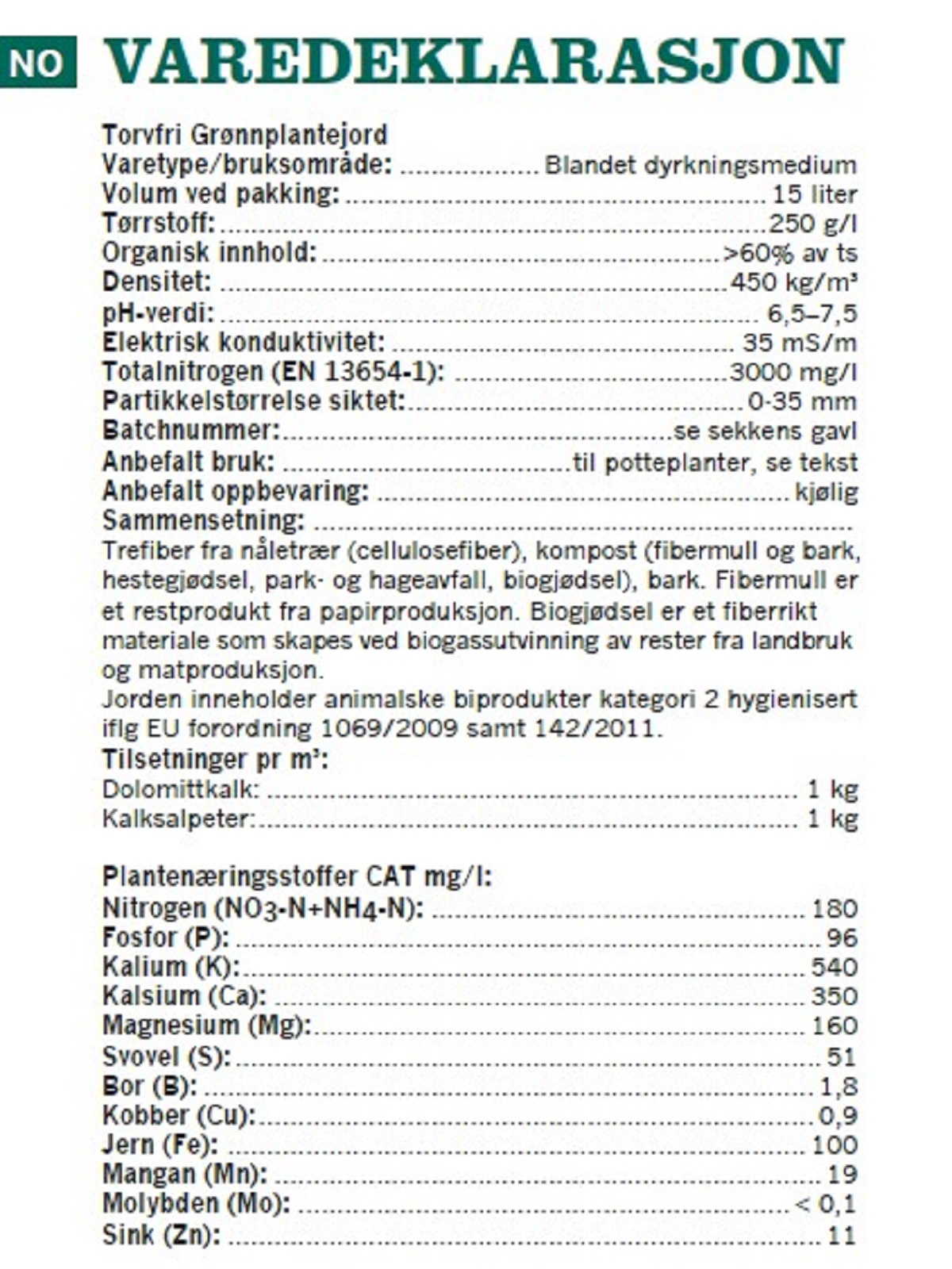 Peatfree green pl soil 15L NO