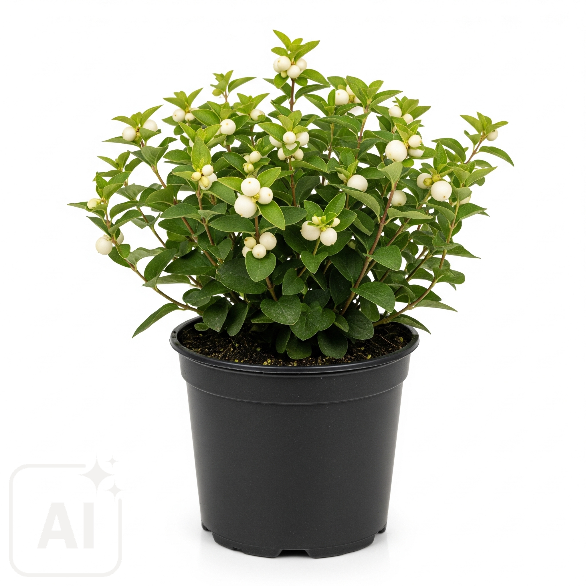 En frodig Symphoricarpos-busk, også kjent som snøbær, viser frem sine levende grønne blader og klynger av små, sfæriske bær. Denne hardføre planten tilfører et snev av naturlig skjønnhet til enhver hage med sin unike tekstur og varige grønne farge.