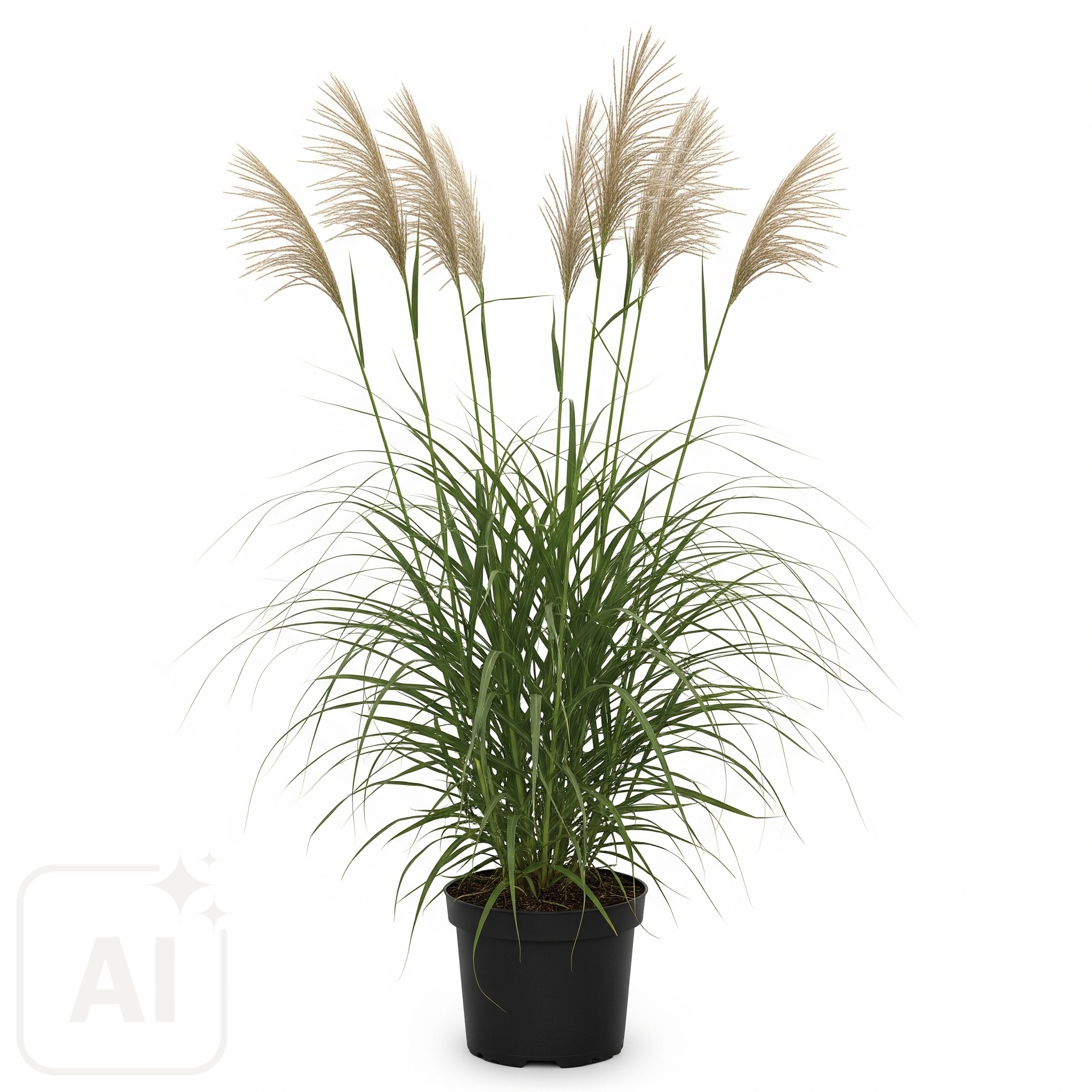Vibrerande Miscanthus Sp. med frodigt grönt bladverk och delikata fjäderlika plymer, perfekt för att ge textur och rörelse till ditt trädgårdslandskap.