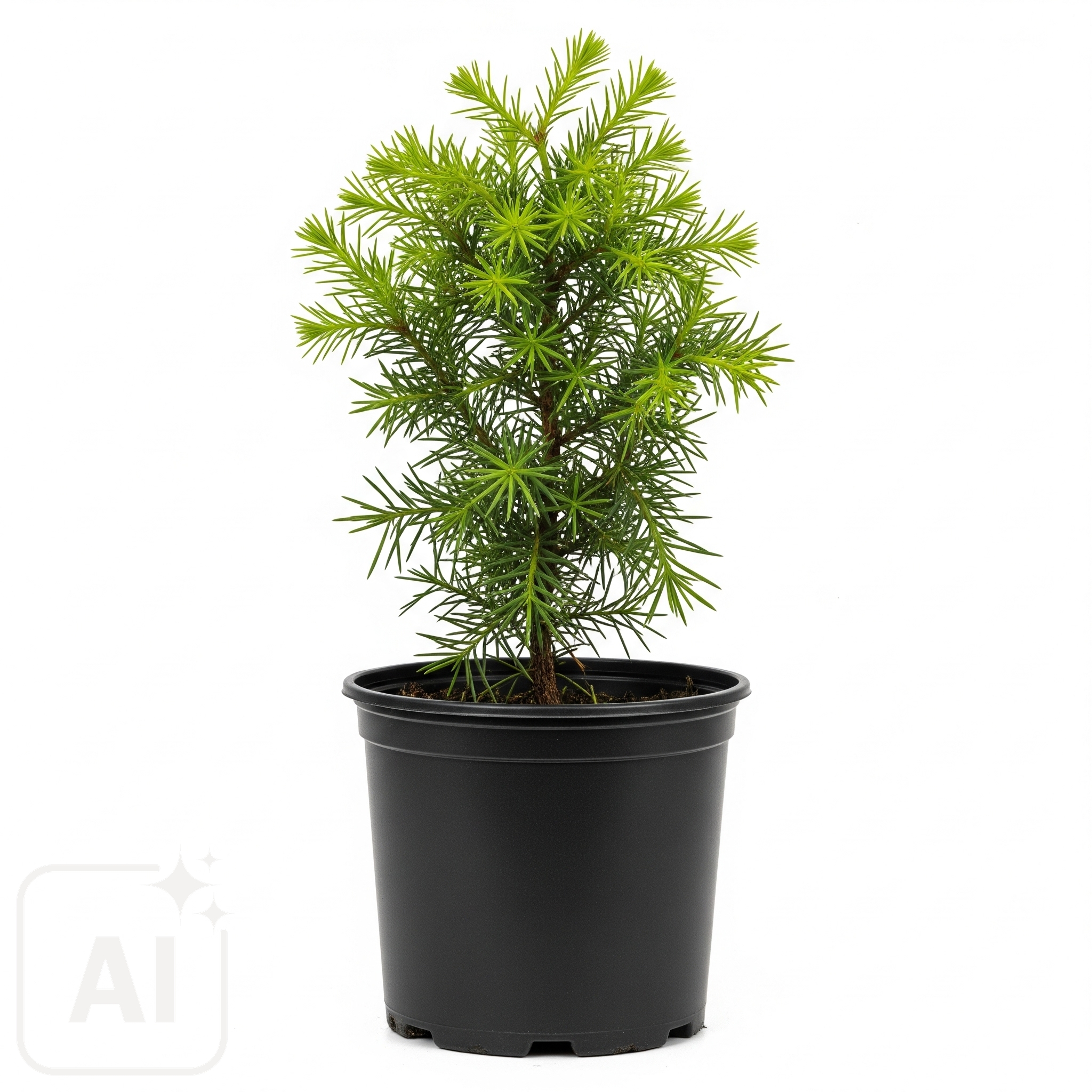 Frodigt, grönt cederträd (Cedrus Sp.) med tätt nålliknande bladverk, perfekt för att tillföra en vintergrön elegans till alla trädgårdslandskap, oavsett om det är i en kruka på en uteplats eller planterat i marken för en ståtlig närvaro.