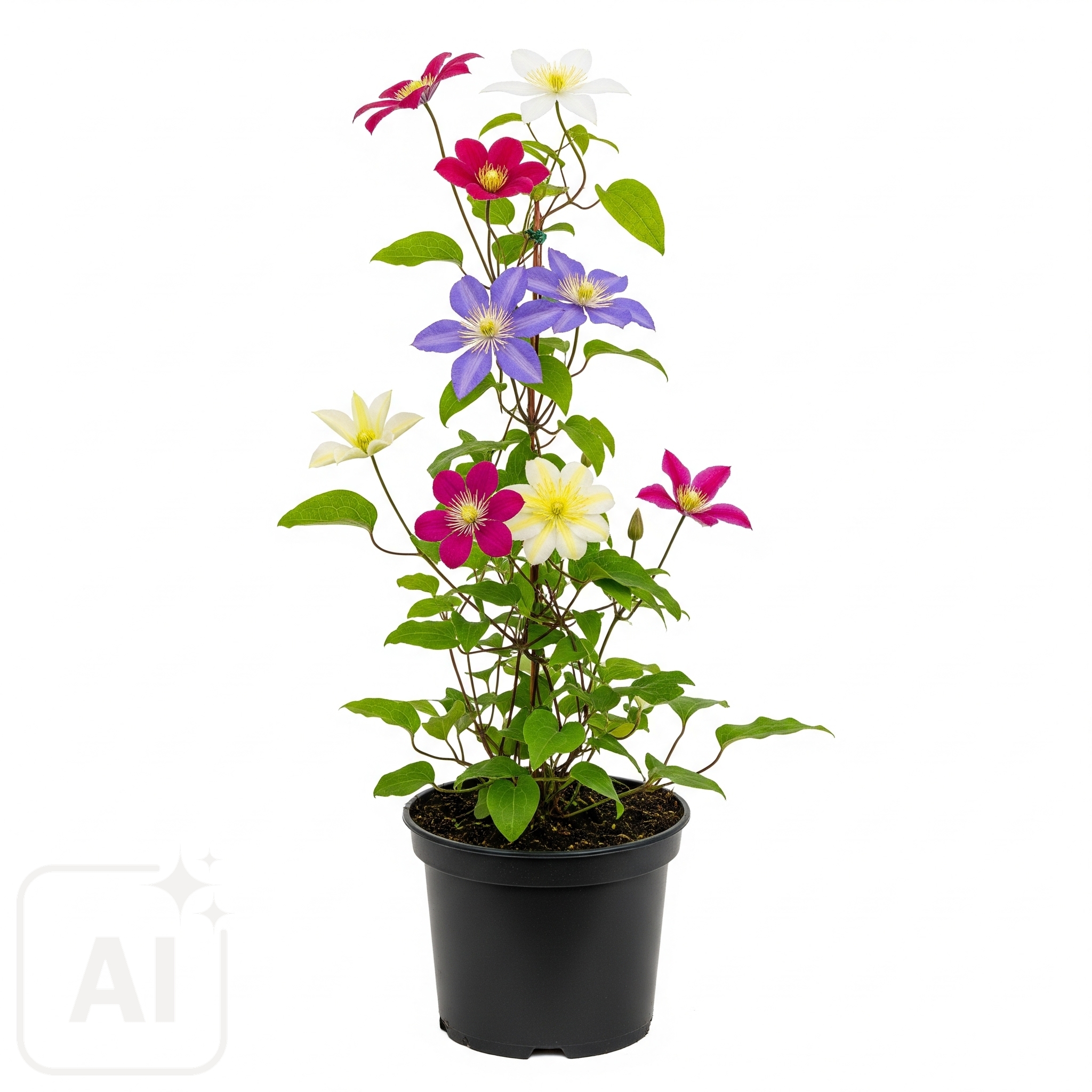 Upptäck den förtrollande CLEMATIS SP., en livlig klätterväxt med fantastiska lila och vita blommor, perfekt för att ge vertikalt intresse och elegans till dina trädgårdsmurar och spaljéer.