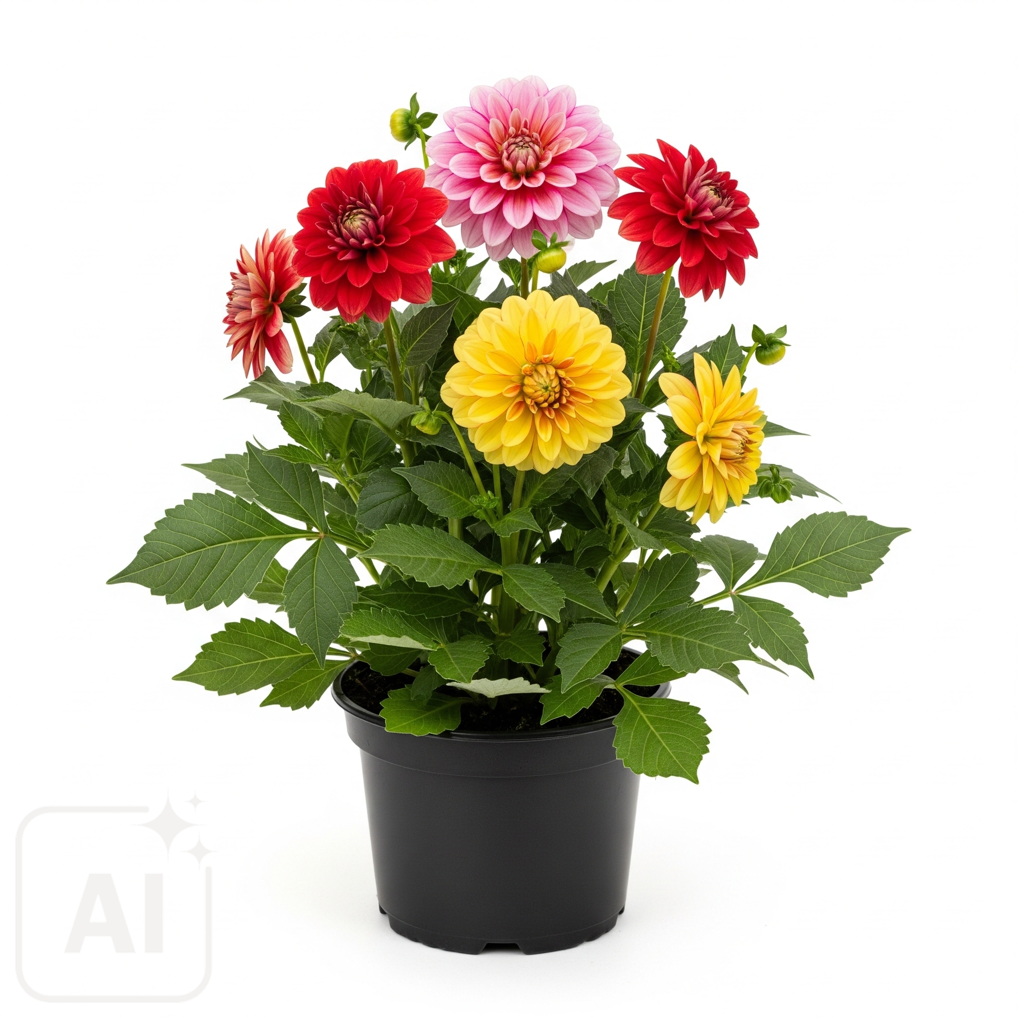 Vakker Dahlia sp. som blomstrer i livlige nyanser av rødt og gult, og viser sine frodige, fyldige kronblader som tilfører farge og eleganse til enhver hage eller blomsteroppsats.