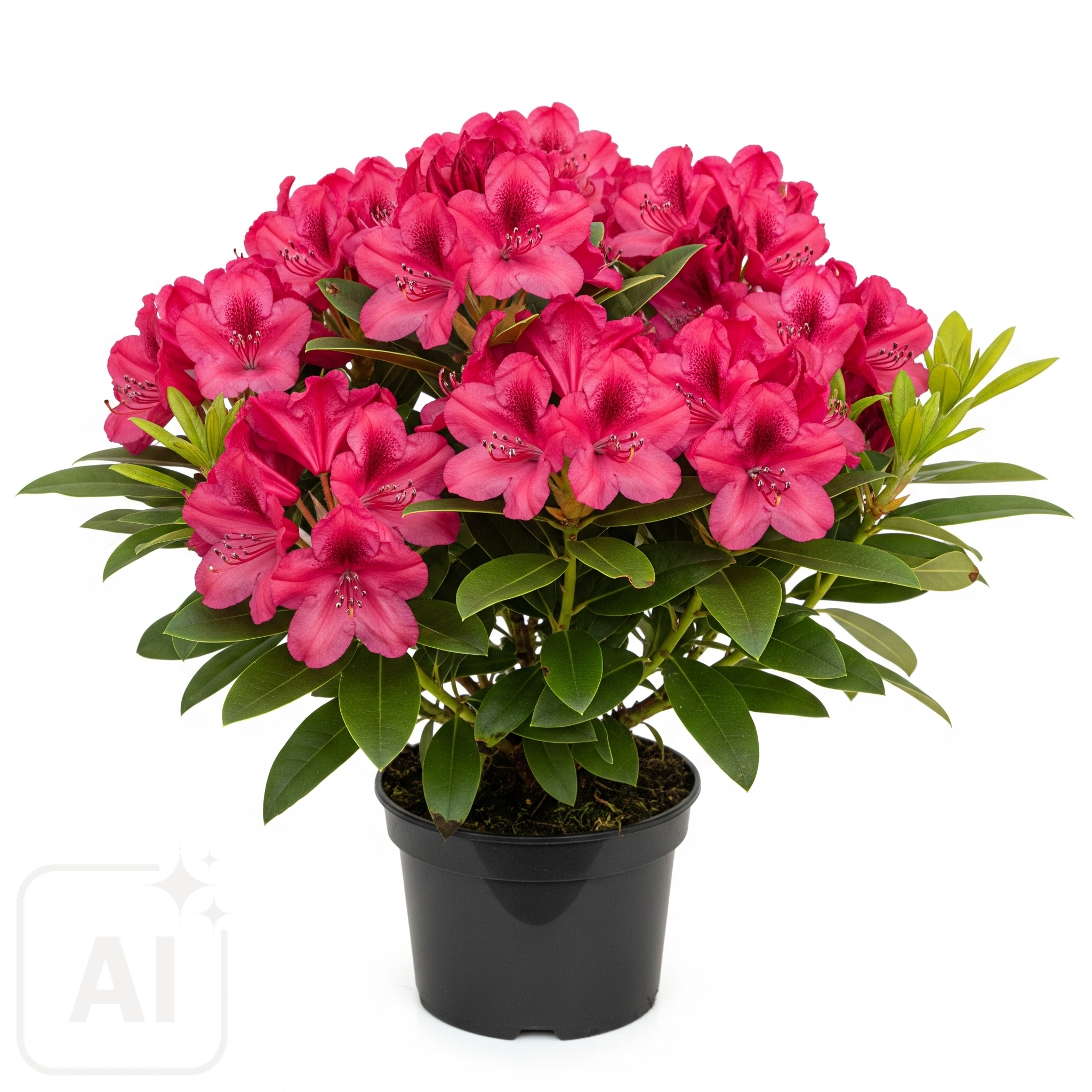 En livfull Rhododendron Hybrid i full blom, som visar upp sina frodiga kluster av rosa och röda blommor i kontrast mot djupgröna, glansiga blad, perfekt för att ge en touch av elegans till alla trädgårdar.