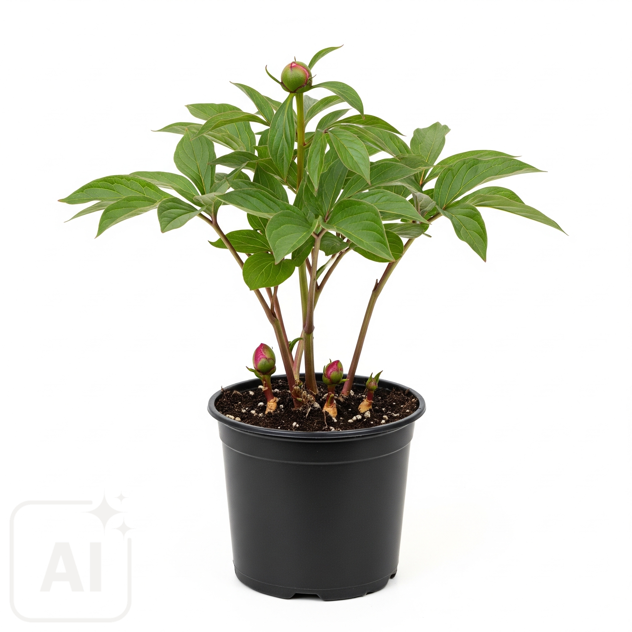 Vakkert levende pioner (Paeonia sp.) i full blomst, med frodige lag av rosa kronblader og dypgrønt løvverk, perfekt for å tilføre eleganse til enhver hage.