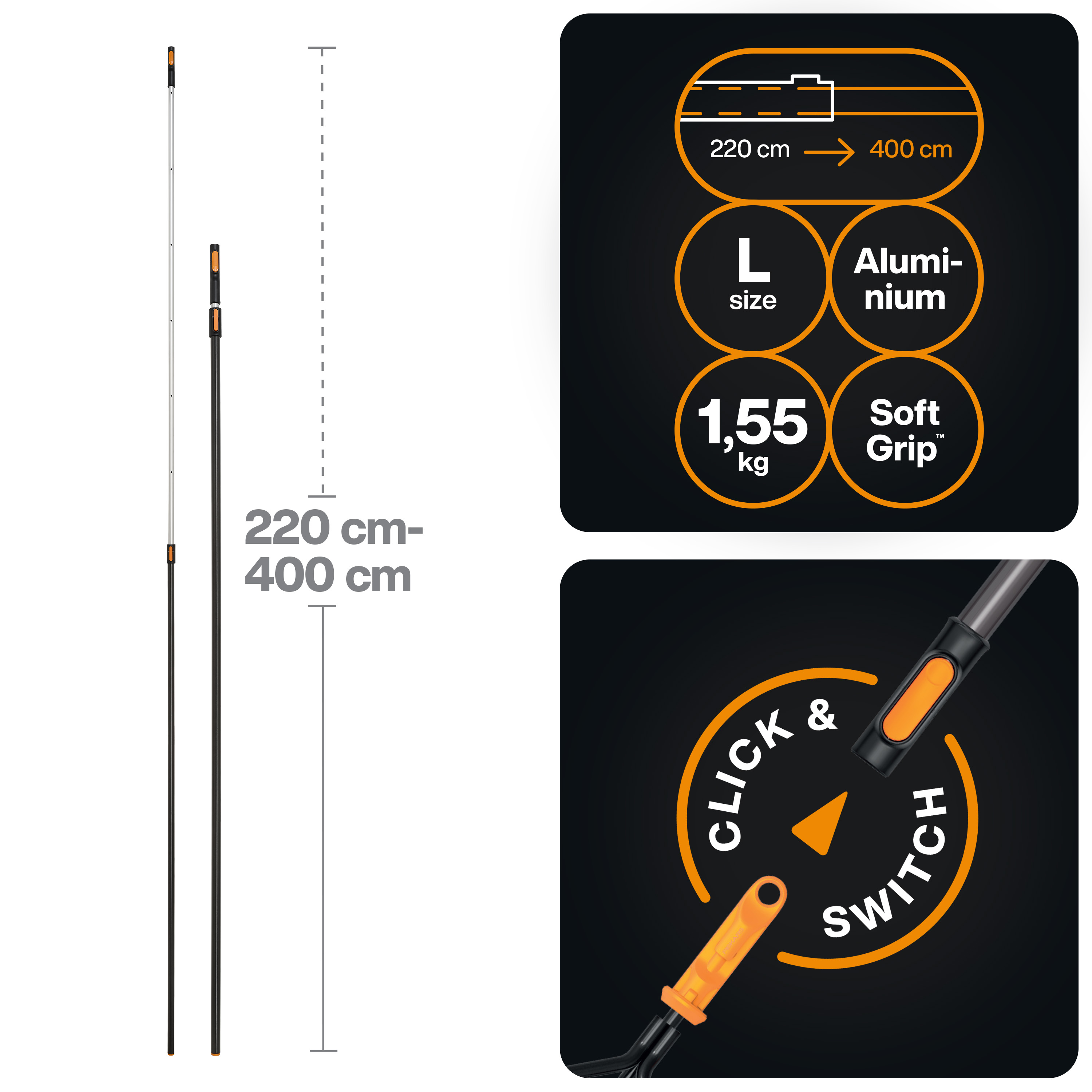 OneClick Teleskopskaft 220–404 cm