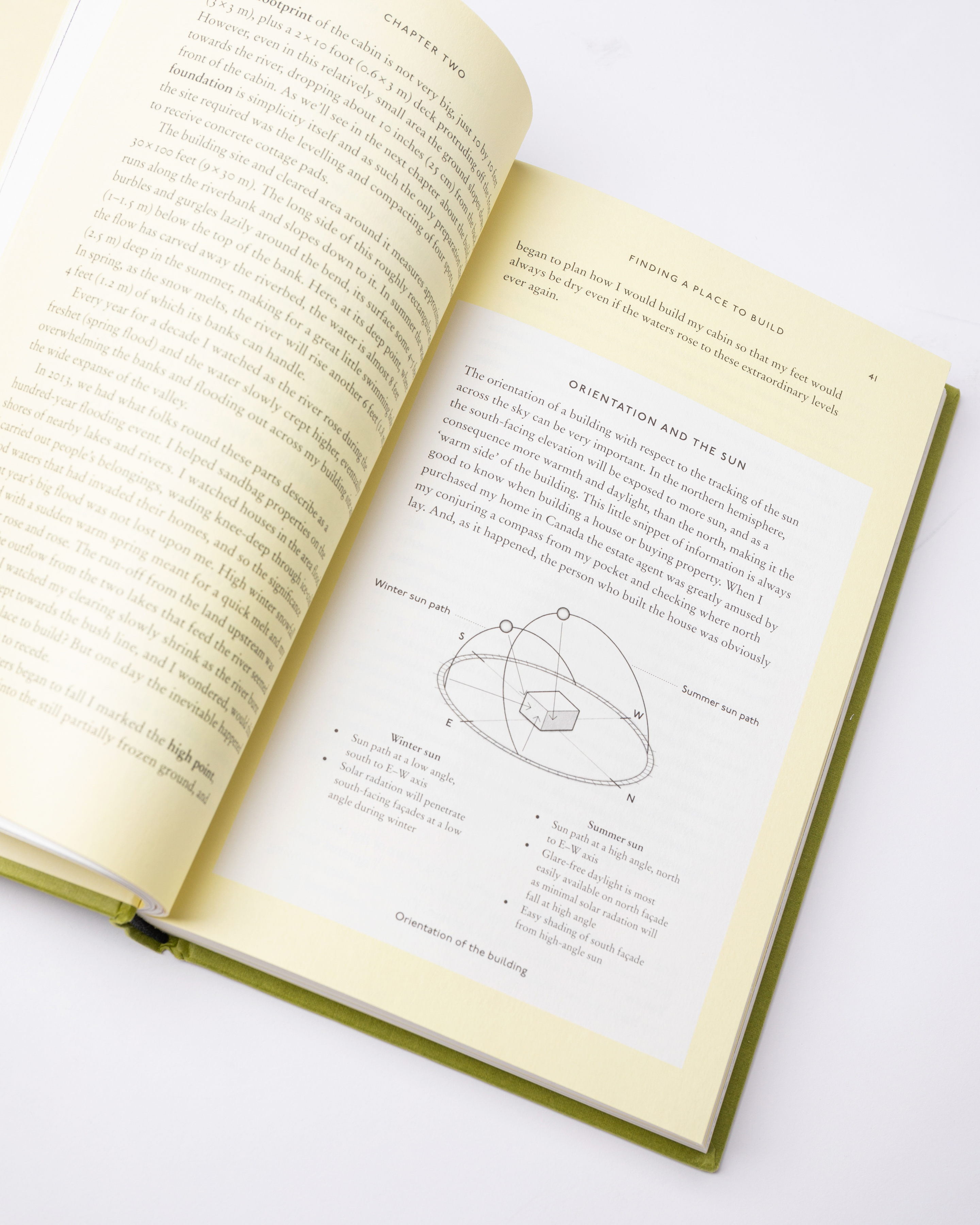 Opened book. Top view of two pages with text from the book Sandqvist Cabin.