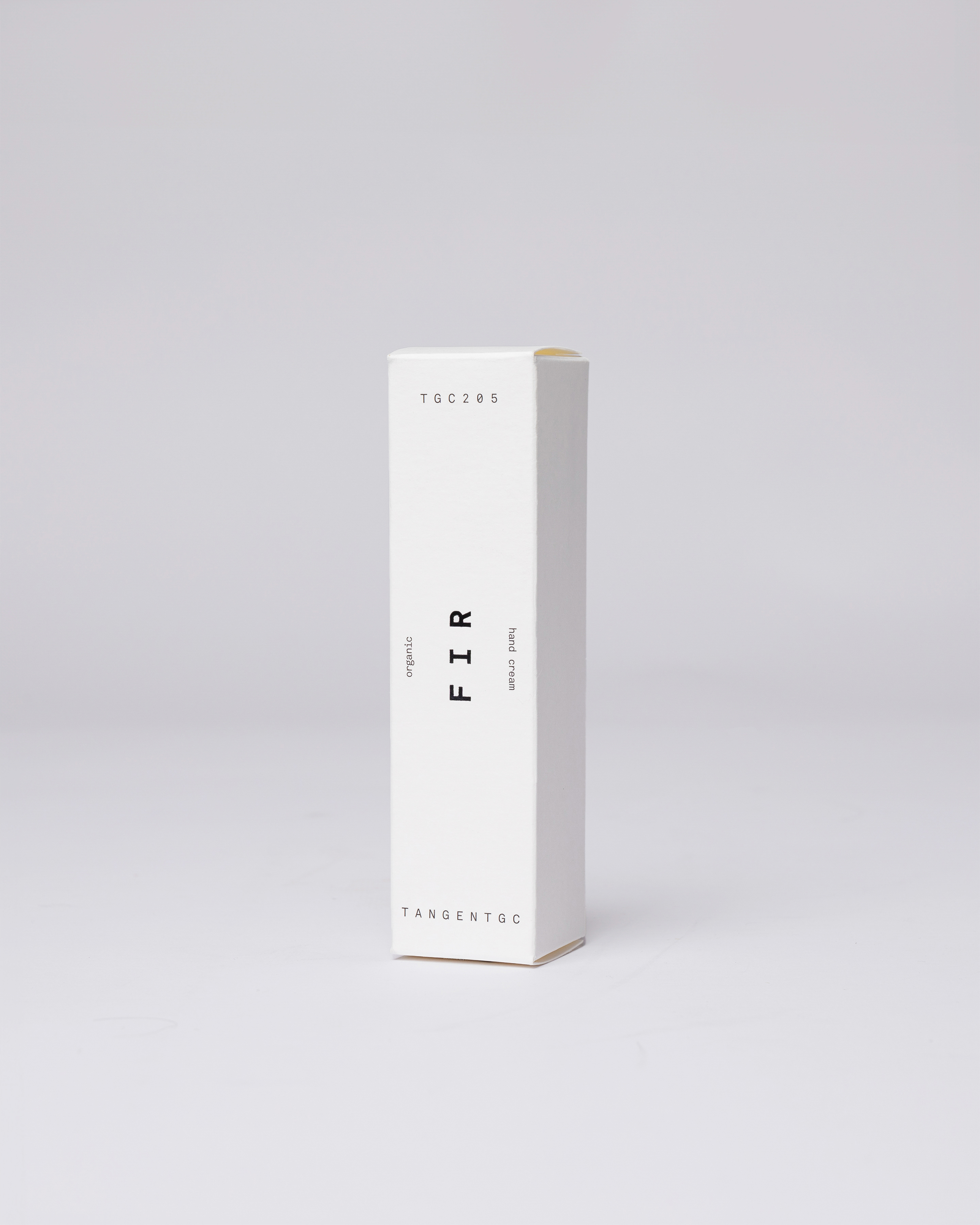 White cardboard box with black text "FIR Hand Cream". Fromt view showing Sandqvist Fir Hand Cream.. 