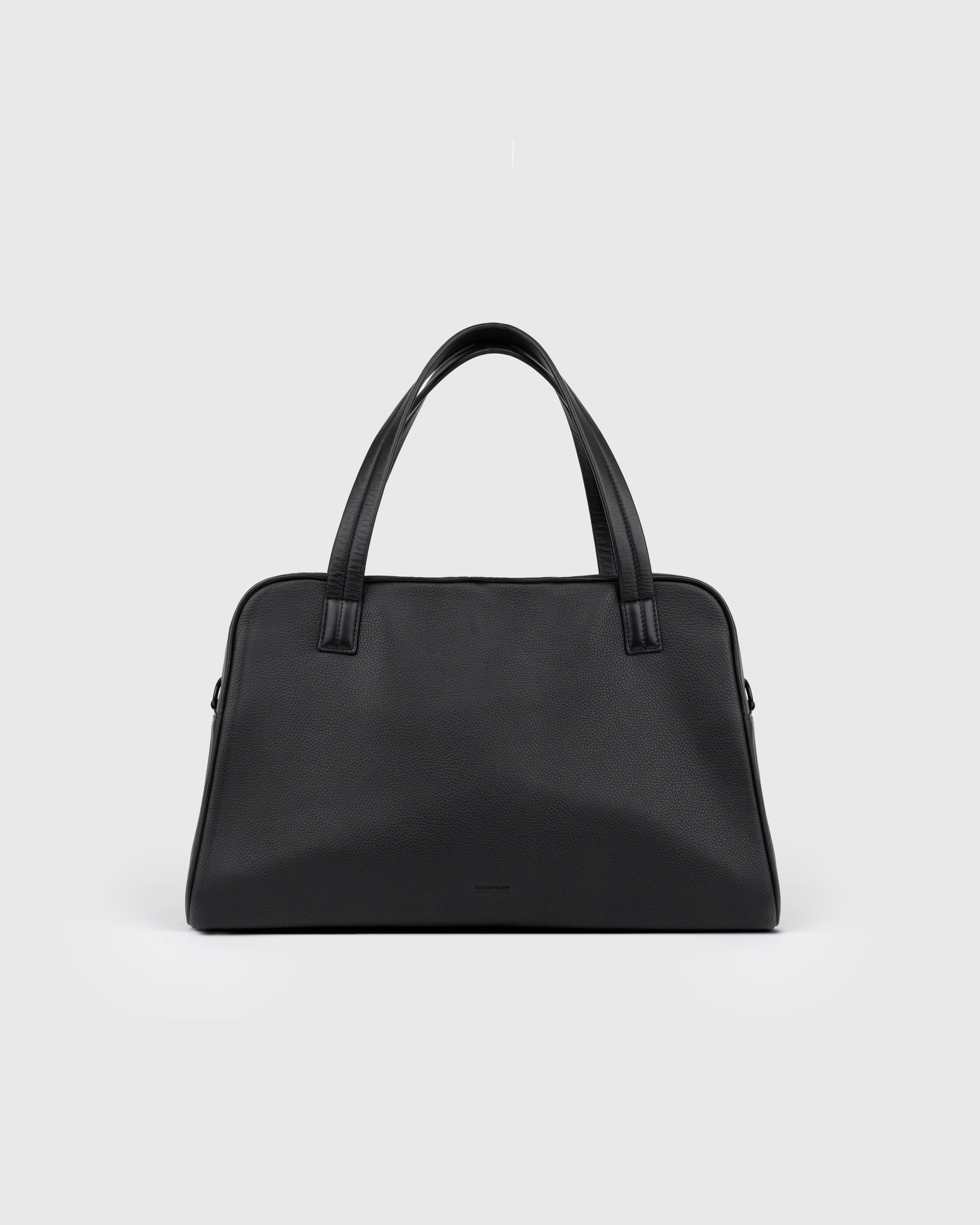 Handbag. Sandqvist LEATHER Bowling Bag in Black, front view with two top handles.