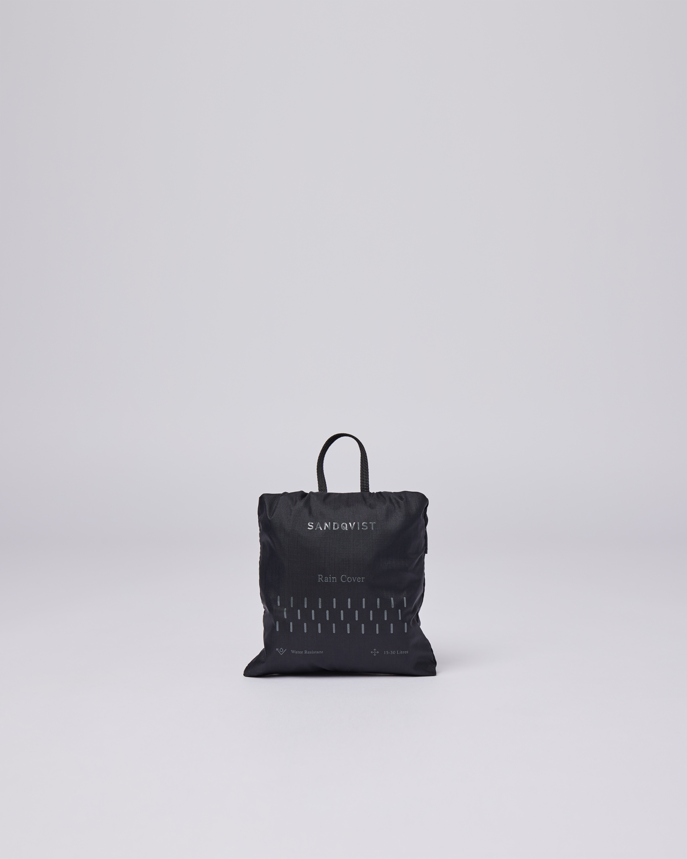 Black bag with handle and text "Sandqvist Rain Cover". Front view showing the pack bag to Sandqvist ITEMS Backpack Rain cover. 