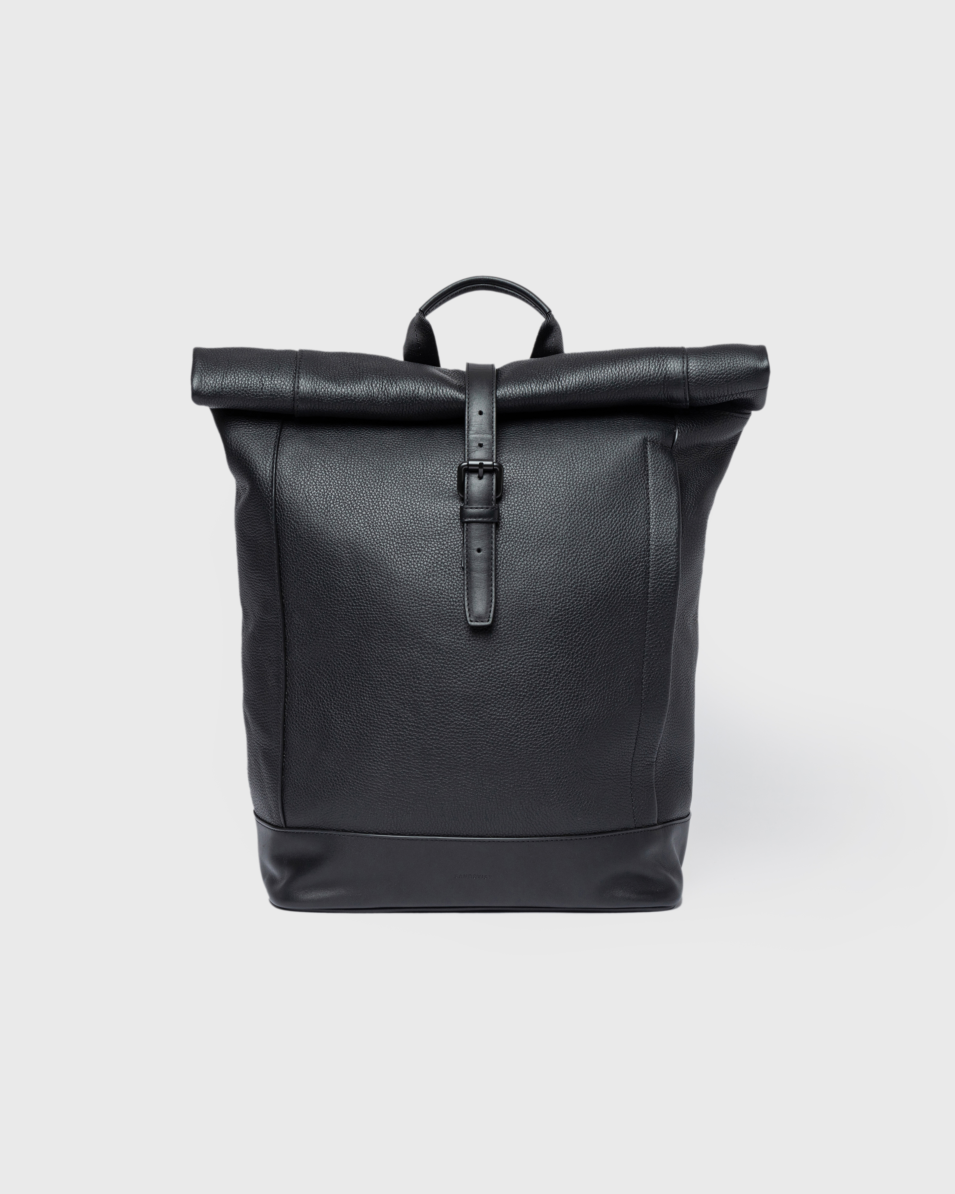 Sandqvist LEATHER Rolltop backpack in black, front view with rolltop closure and top handle.
