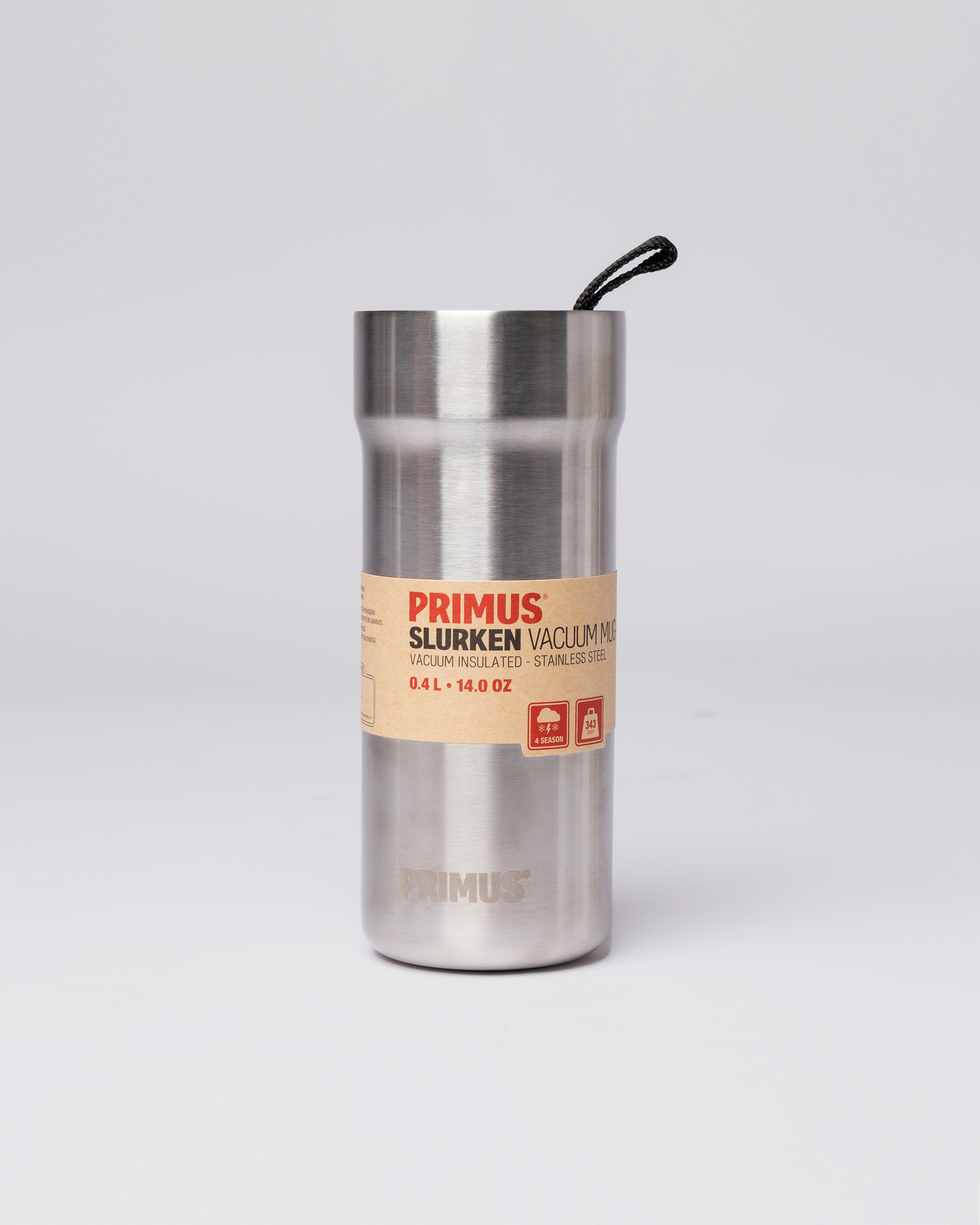 Metal vacuum mug in silver. Front view showing Sandqvist Slurken Vacuum Mug 0.4L with textile handle on lid.