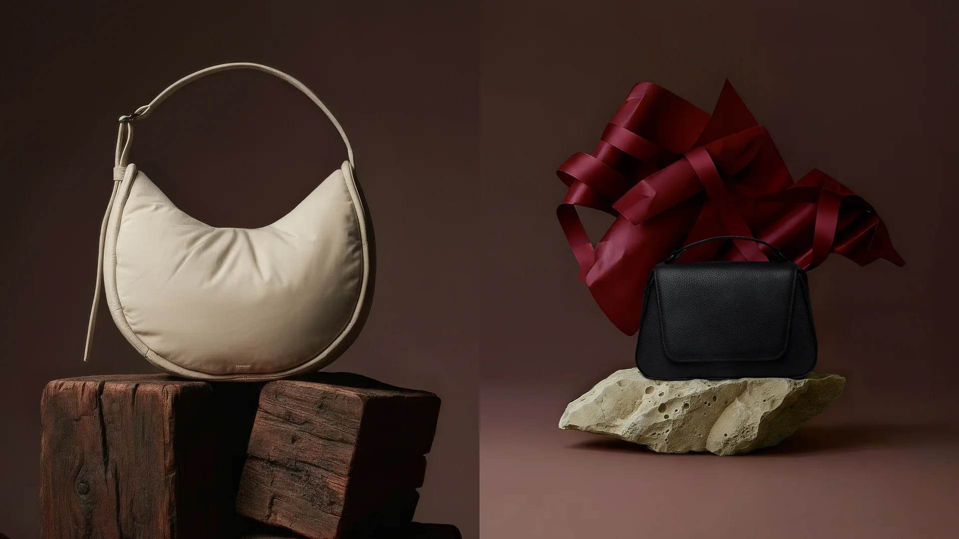 Gift guide image of 2 bags. Curve and Agile leather