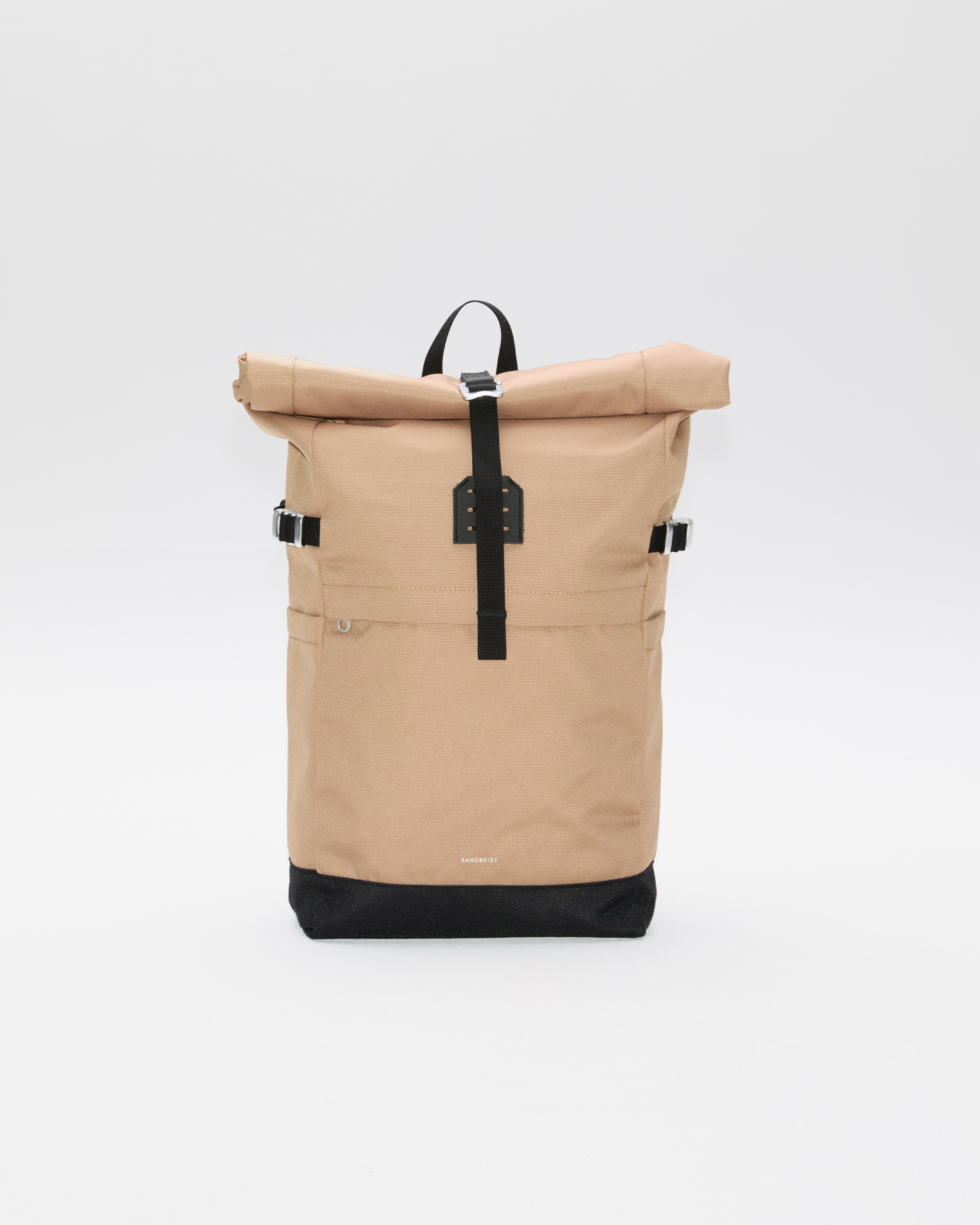 Sandqvist ICON Rolltop Backpack 14”, beige. Front view showing, rolltop closure with metal buckle, top handle, front pocket with zipper and one side strap on each side.