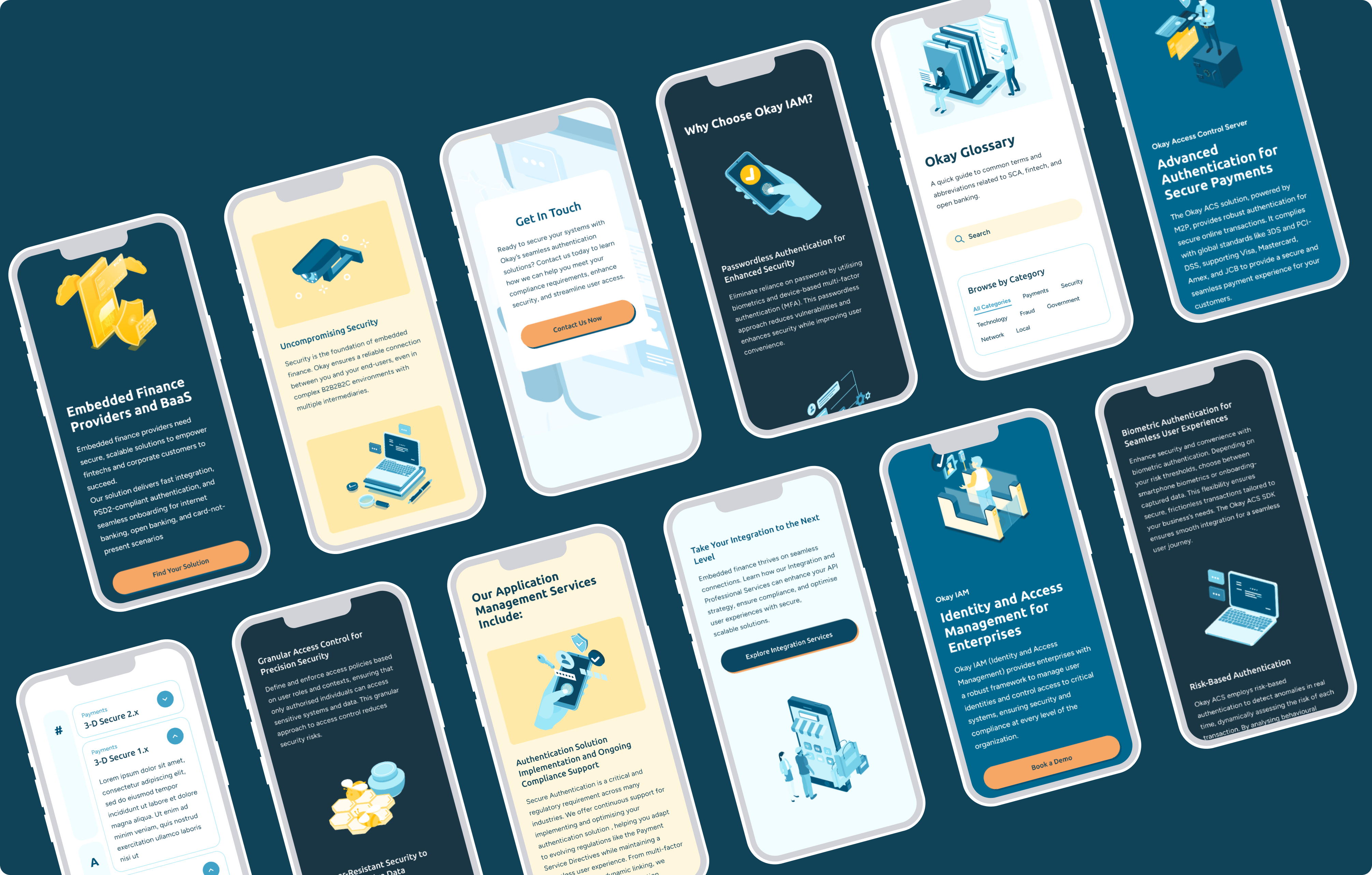 Illustration of different webpages displaying security services and information on multiple mobile phones