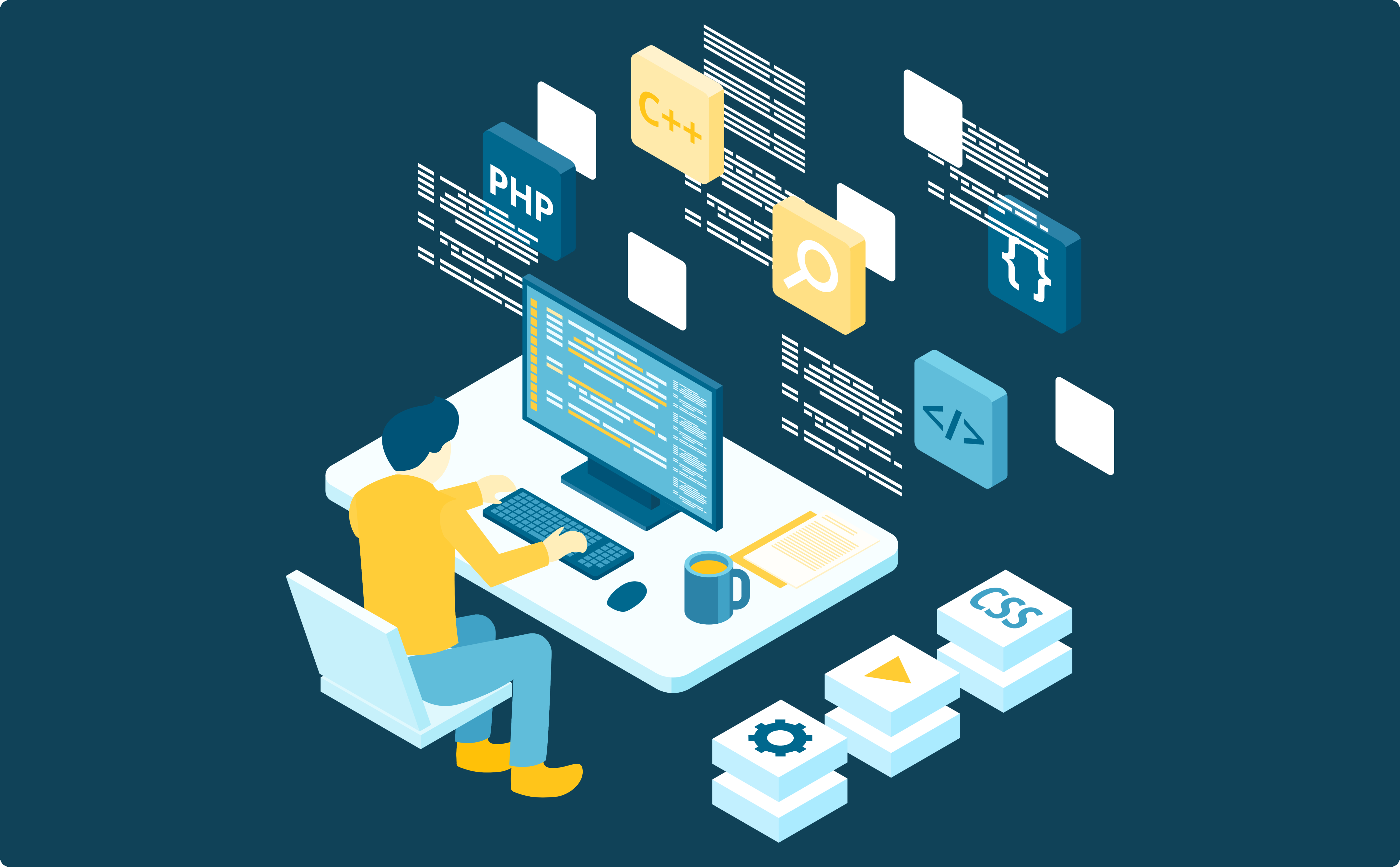 Illustration of man sitting at a desk coding on a computer with several floating representations of code