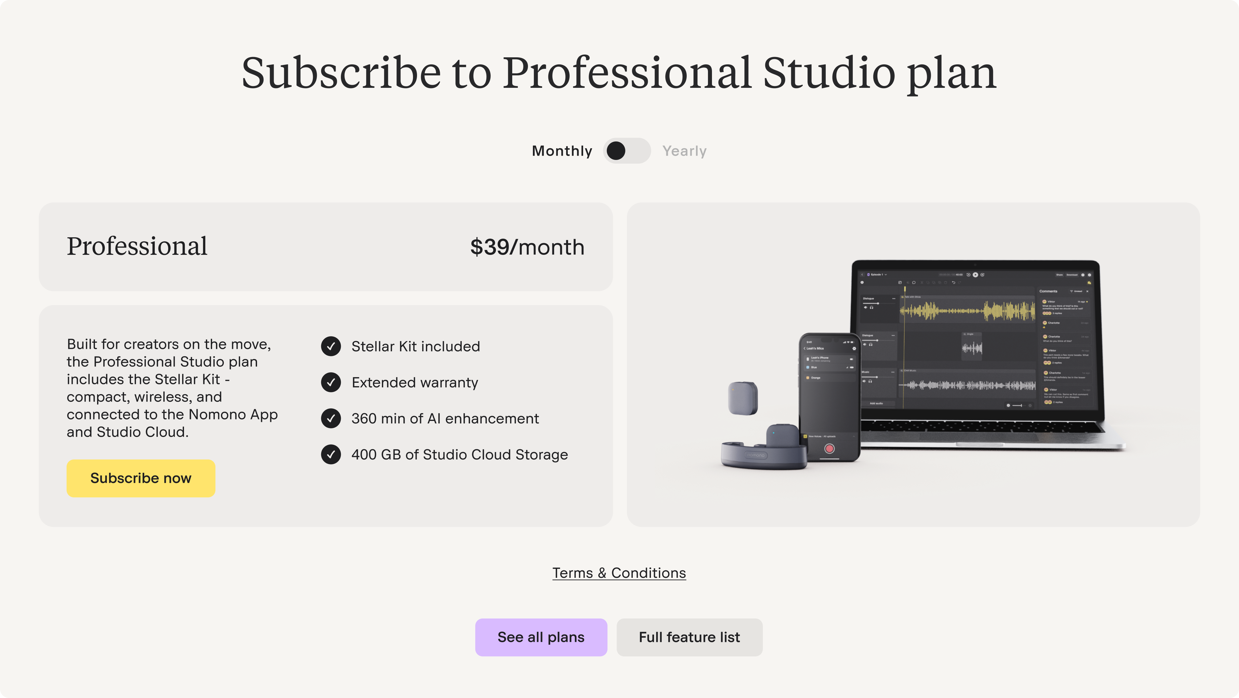 Image displaying information about Nomono's Professional Studio plan