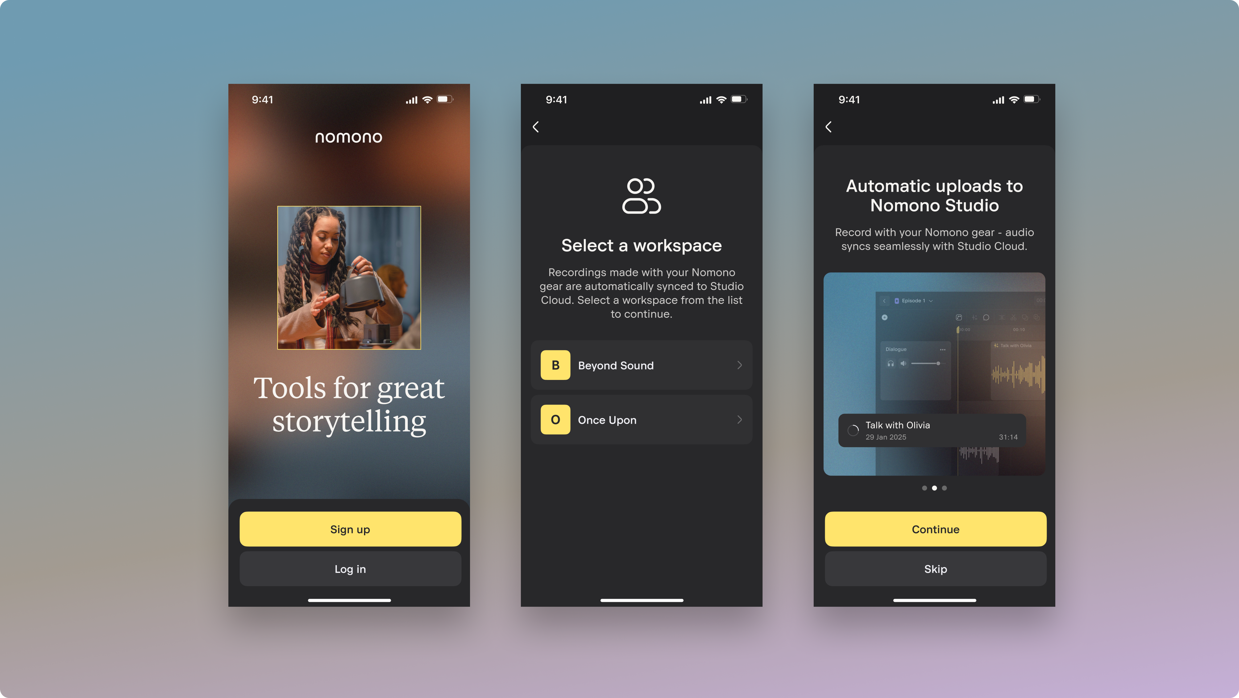 Image displaying different screens on a mobile phone when using the Nomono app