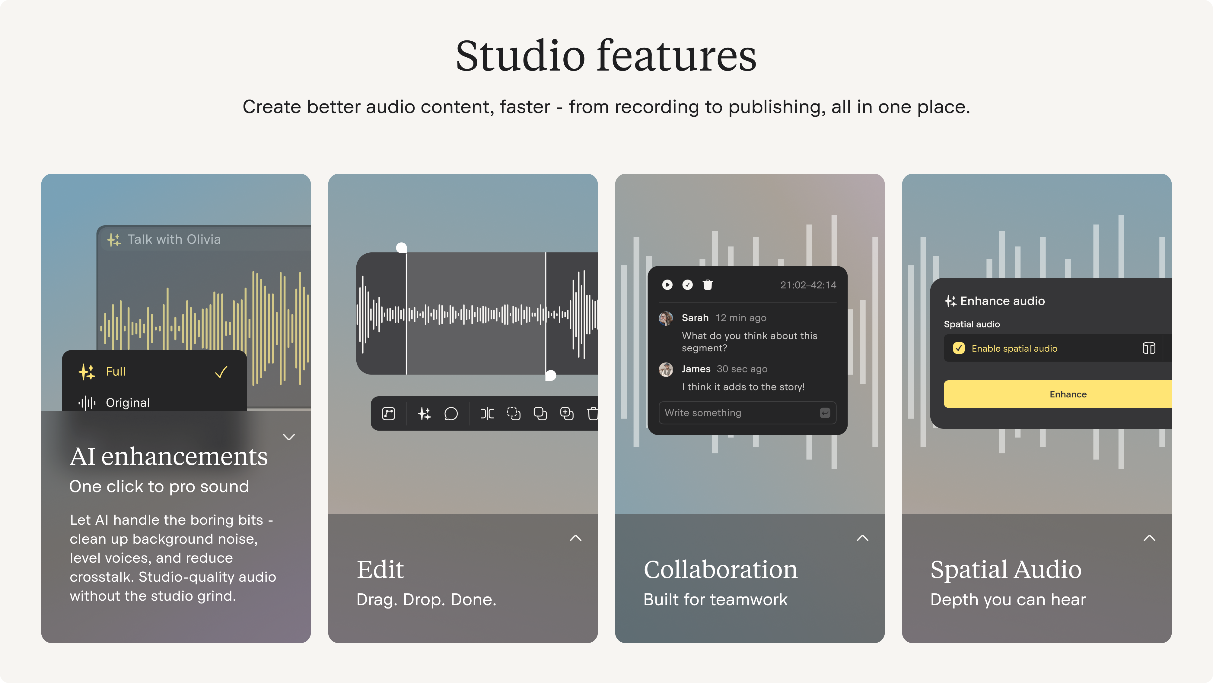 Image displaying Nomono Studio features, like AI enhancements, Edit, Collaboration, and Spatial Audio