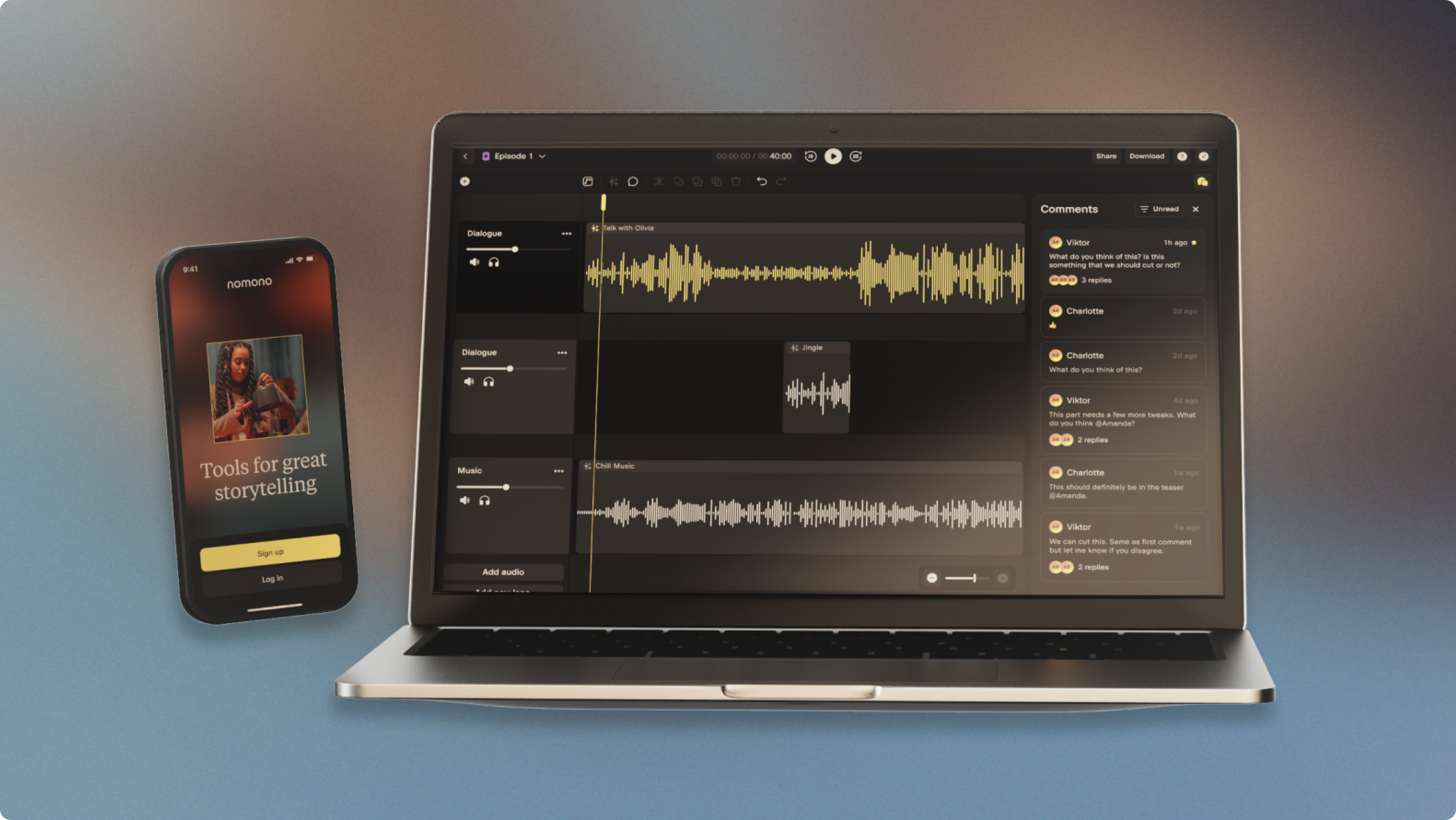 Image displaying the Nomono app on a mobile phone and laptop