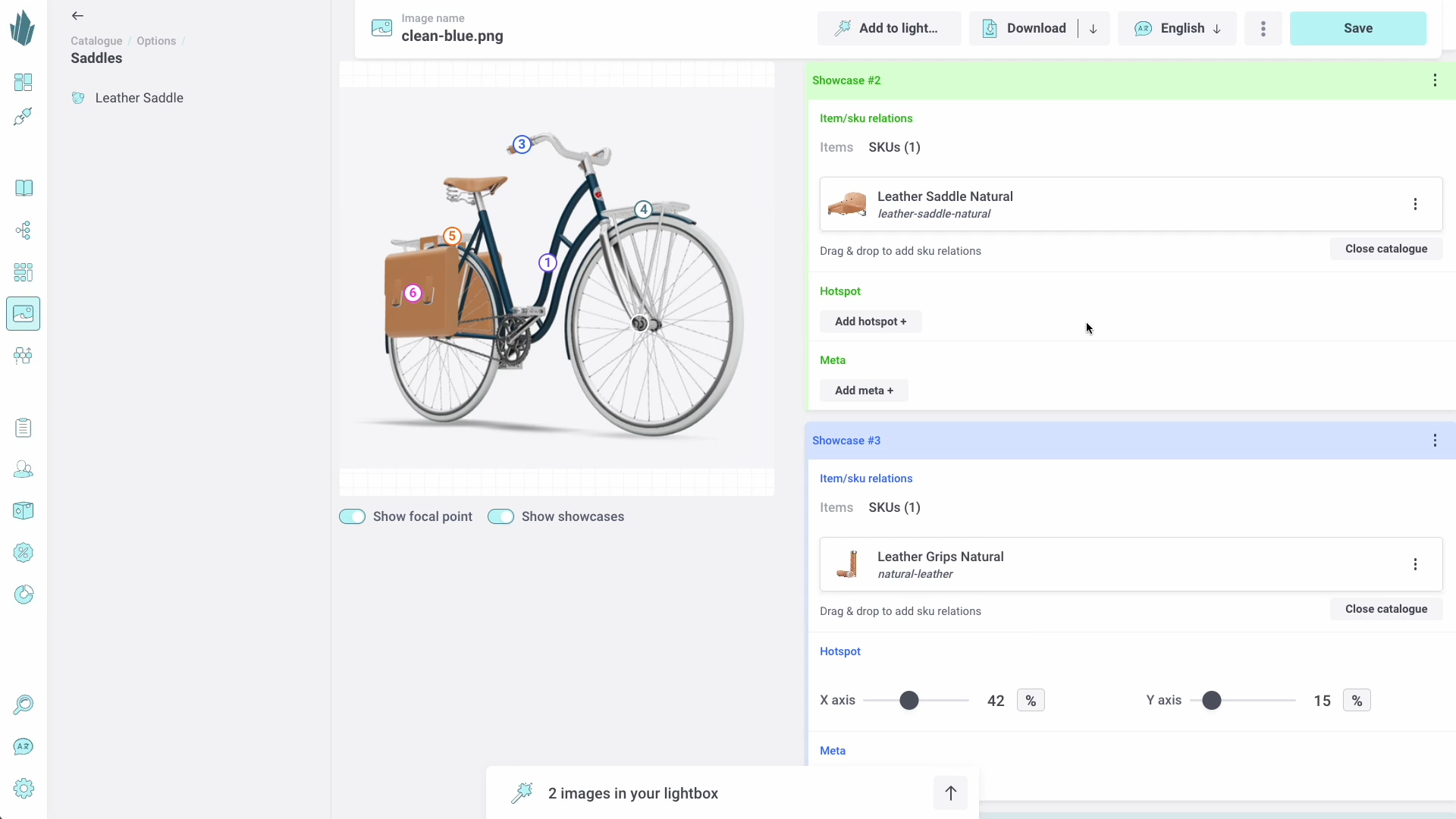 Crystallize editor configuring a leather saddle product image with hotspots linking to related bicycle parts