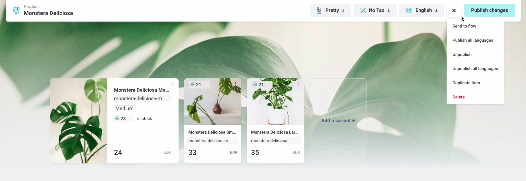 Crystallize product editor showing a Monstera Deliciosa listing with variant cards and a Publish changes menu open