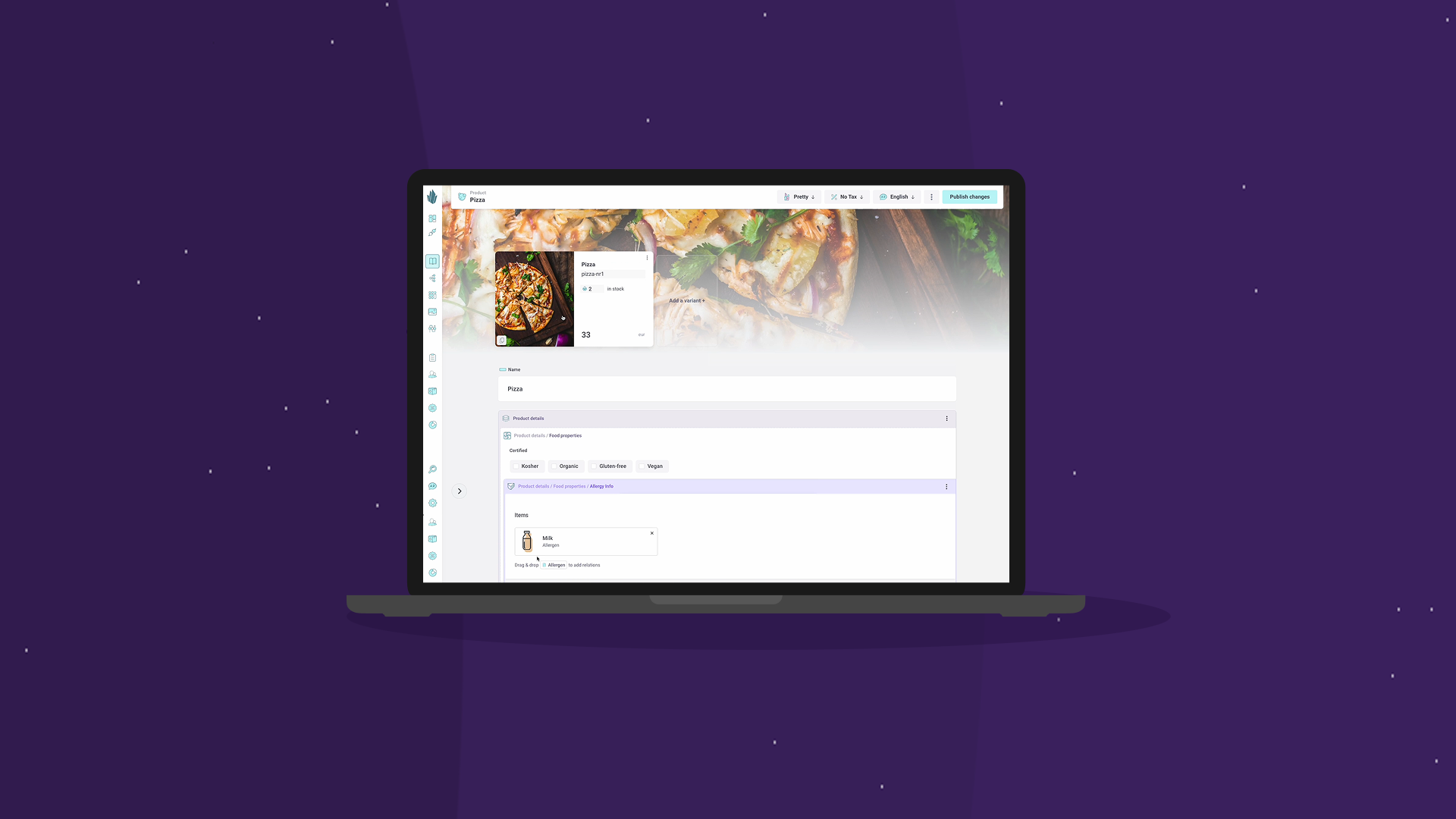 Crystallize product-management interface shown on a laptop, editing a Monstera Deliciosa product with variants, on a purple backdrop