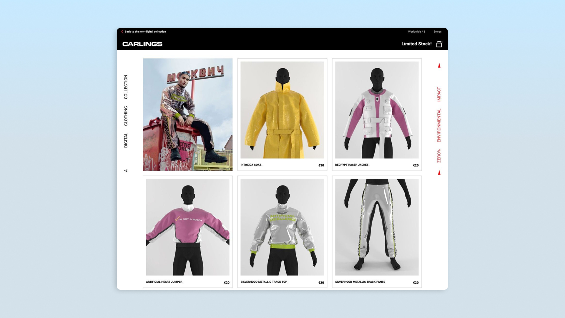 Carlings web shop interface showing a grid of streetwear garments on faceless mannequins with prices and a model seated on machinery