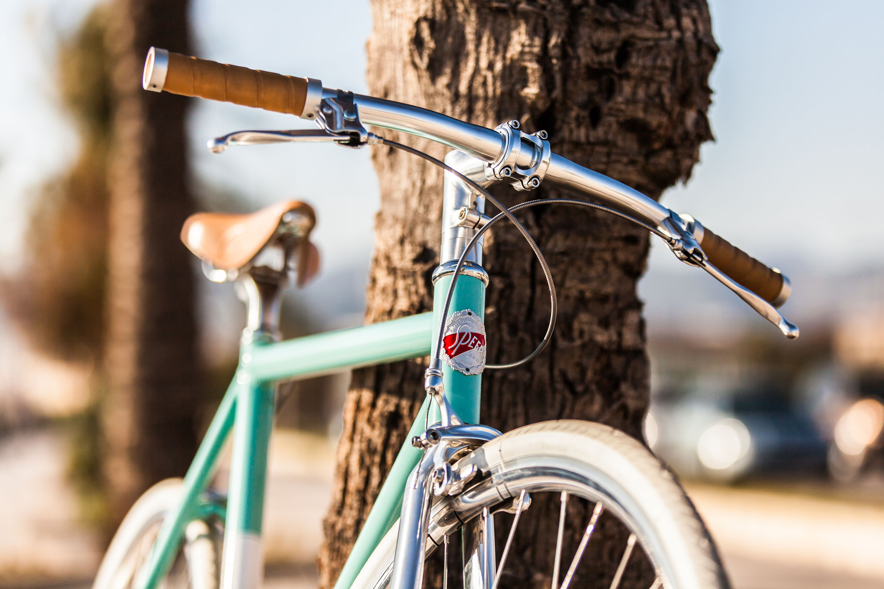 Detail of a vintage Skien Cykkelfabrikk bicycle's handlebars and leather grips leaning against a tree