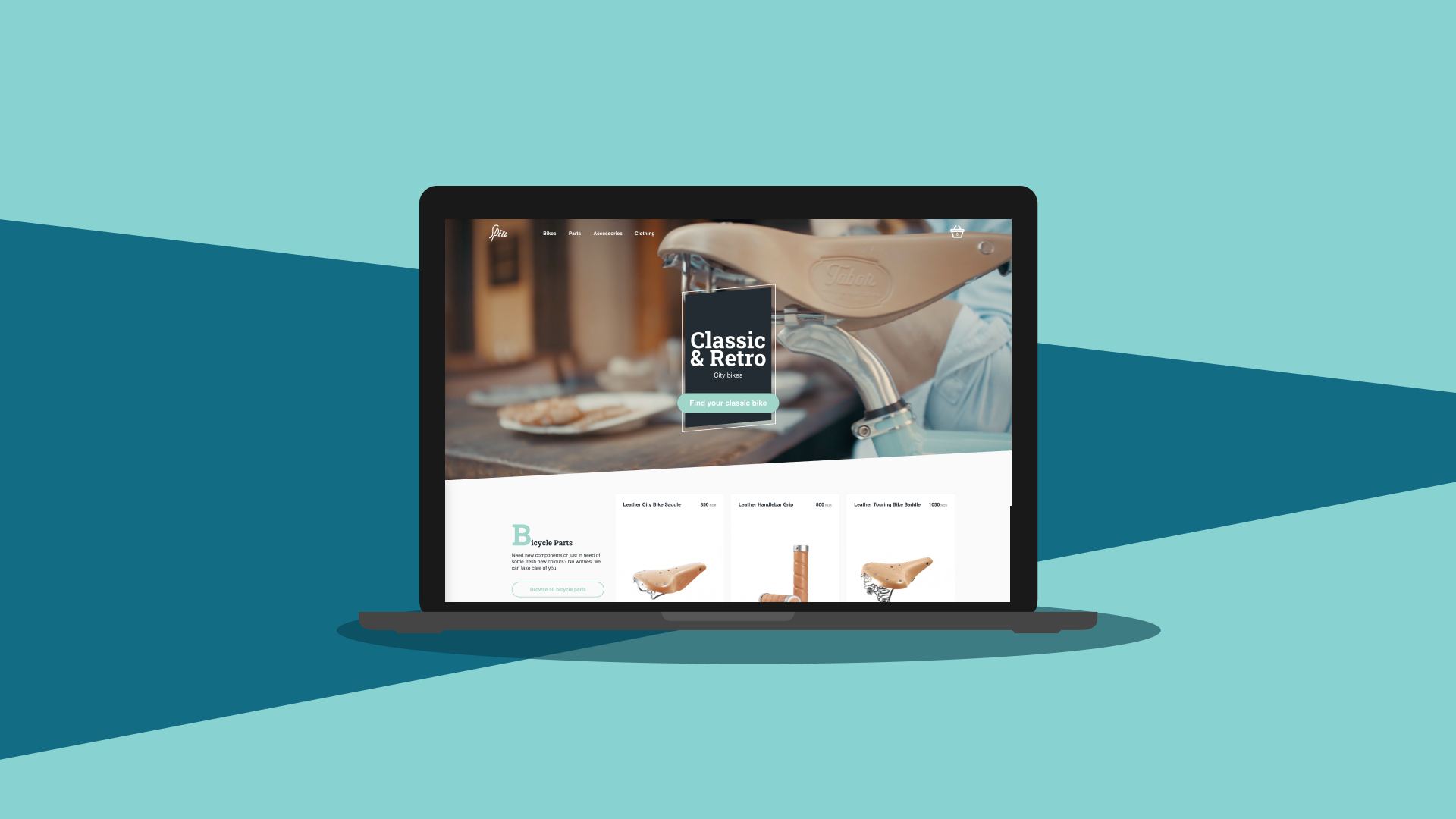 Laptop mockup showing the Skien Cykkelfabrikk 'Classic & Retro' web shop homepage