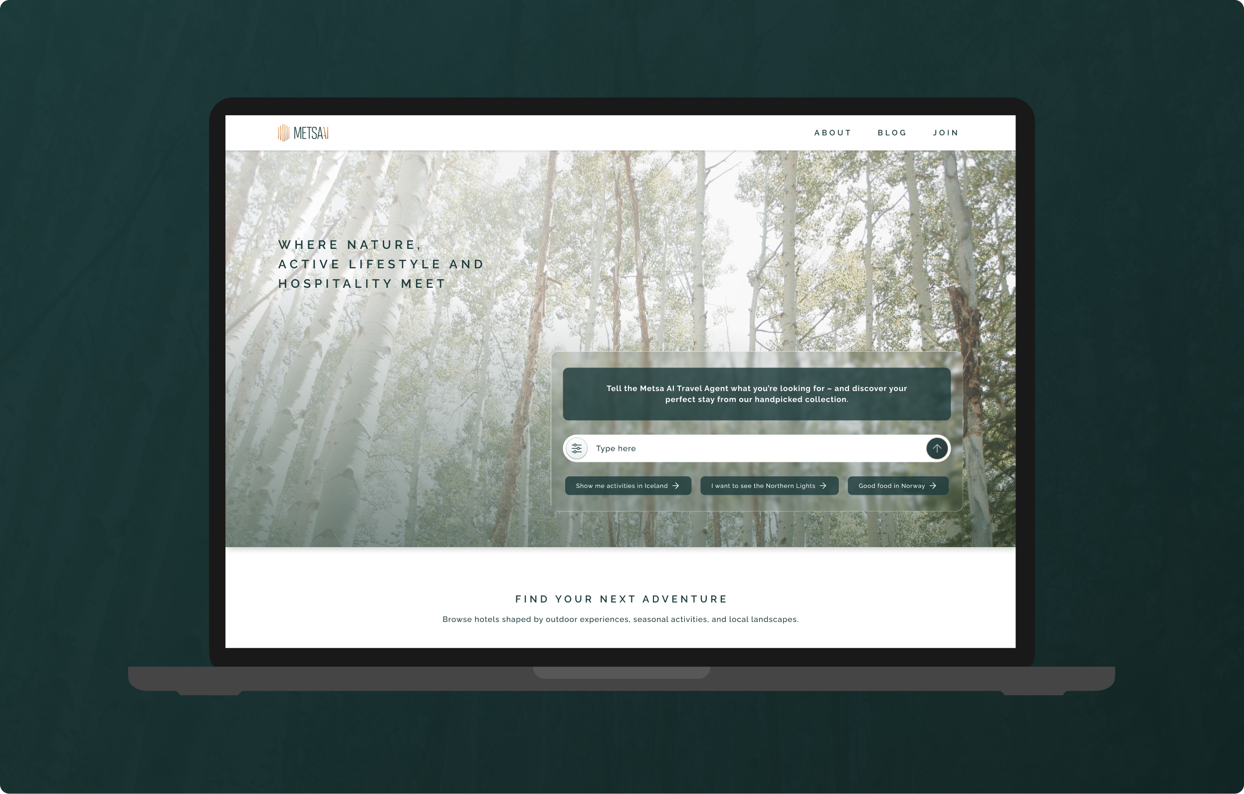 Laptop on green background showing metsa.ai website with chatbot