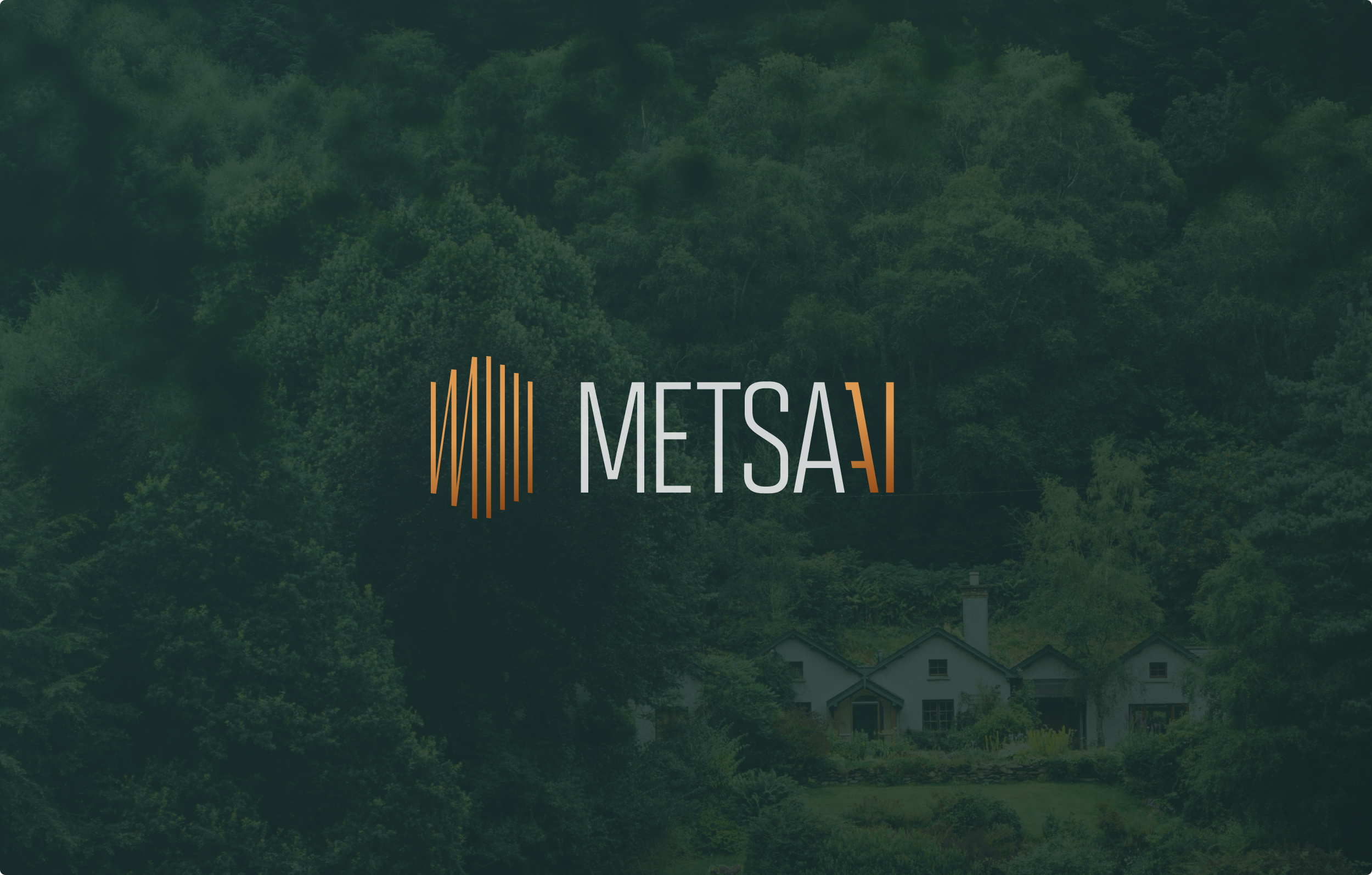 Metsa.ai logo on a dark green background with a forest and a hotel