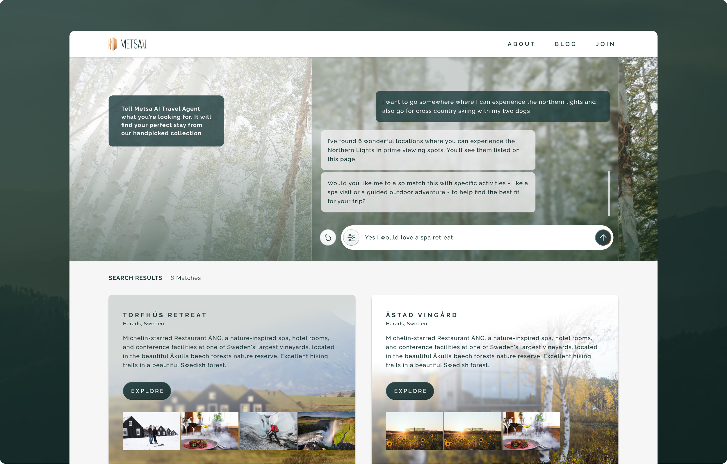 Close-up view of website search result page with chatbot