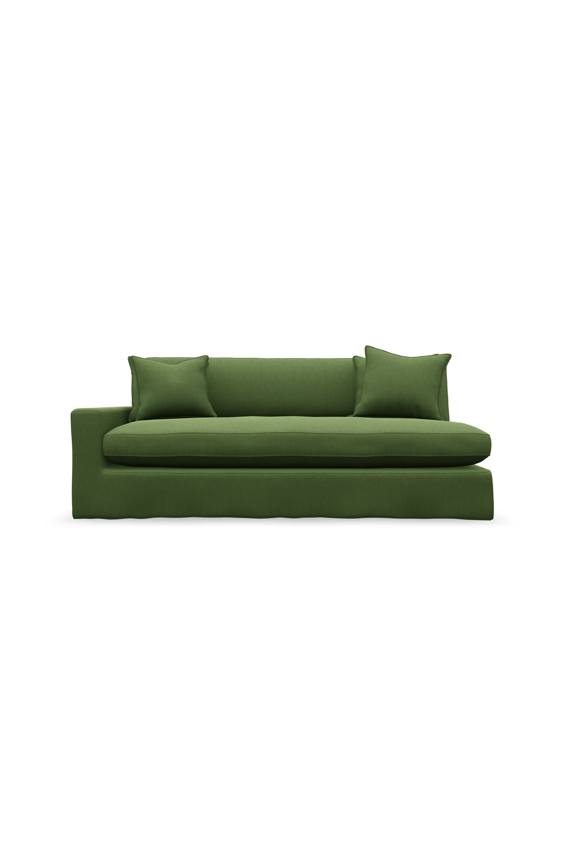 Blåvalen soffa vänster 2,5 sits med grön klädsel. 