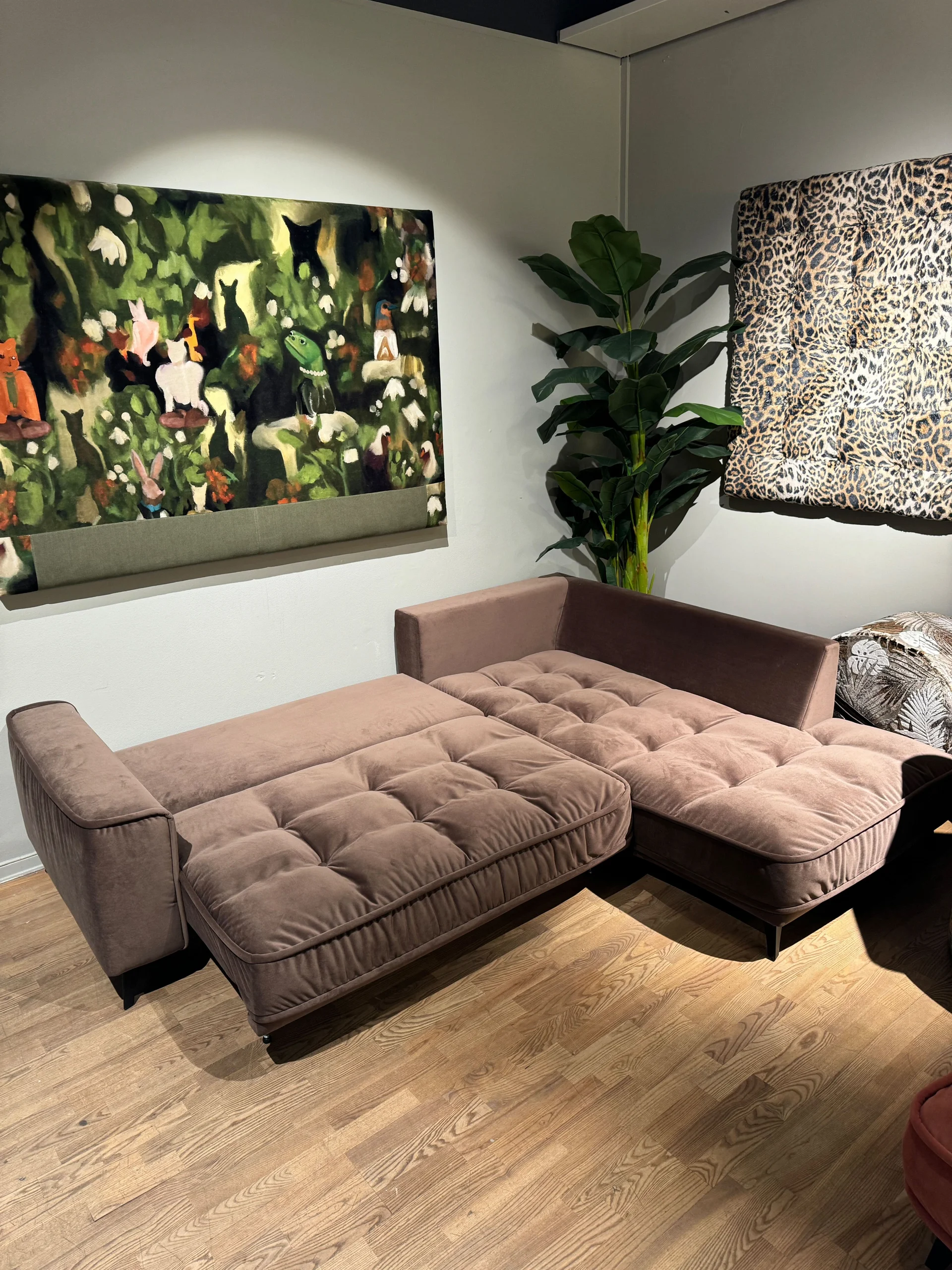 Brun sovesofa hjørnesofa Vargen i fløyel. Bak sovesofaen står det en grønn plante og på veggen pryder to bilder. 