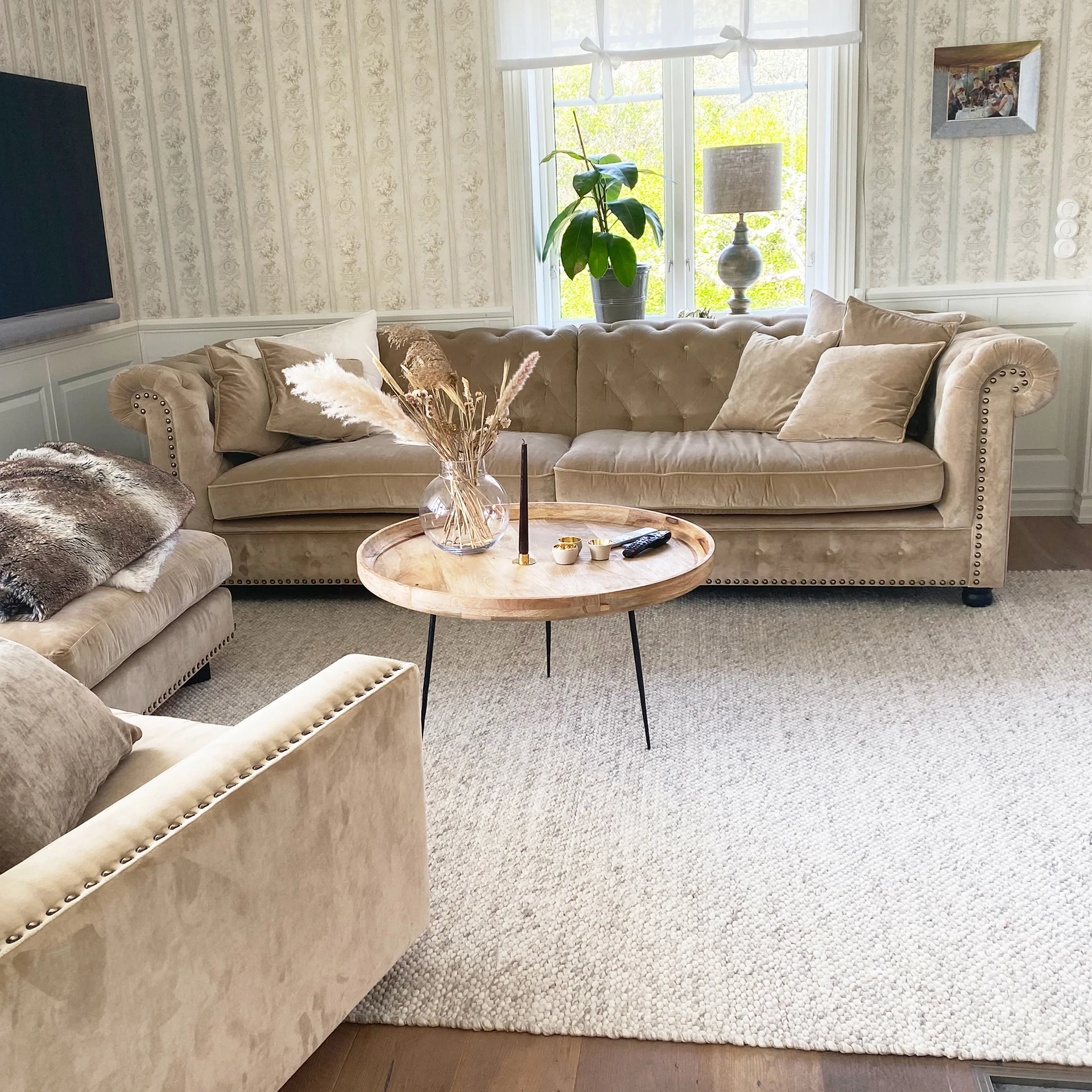 Beige, sammetsklädd chesterfieldsoffa i dun och kallskum med djuphäftad rygg och svartguldiga nitar längs stommen.