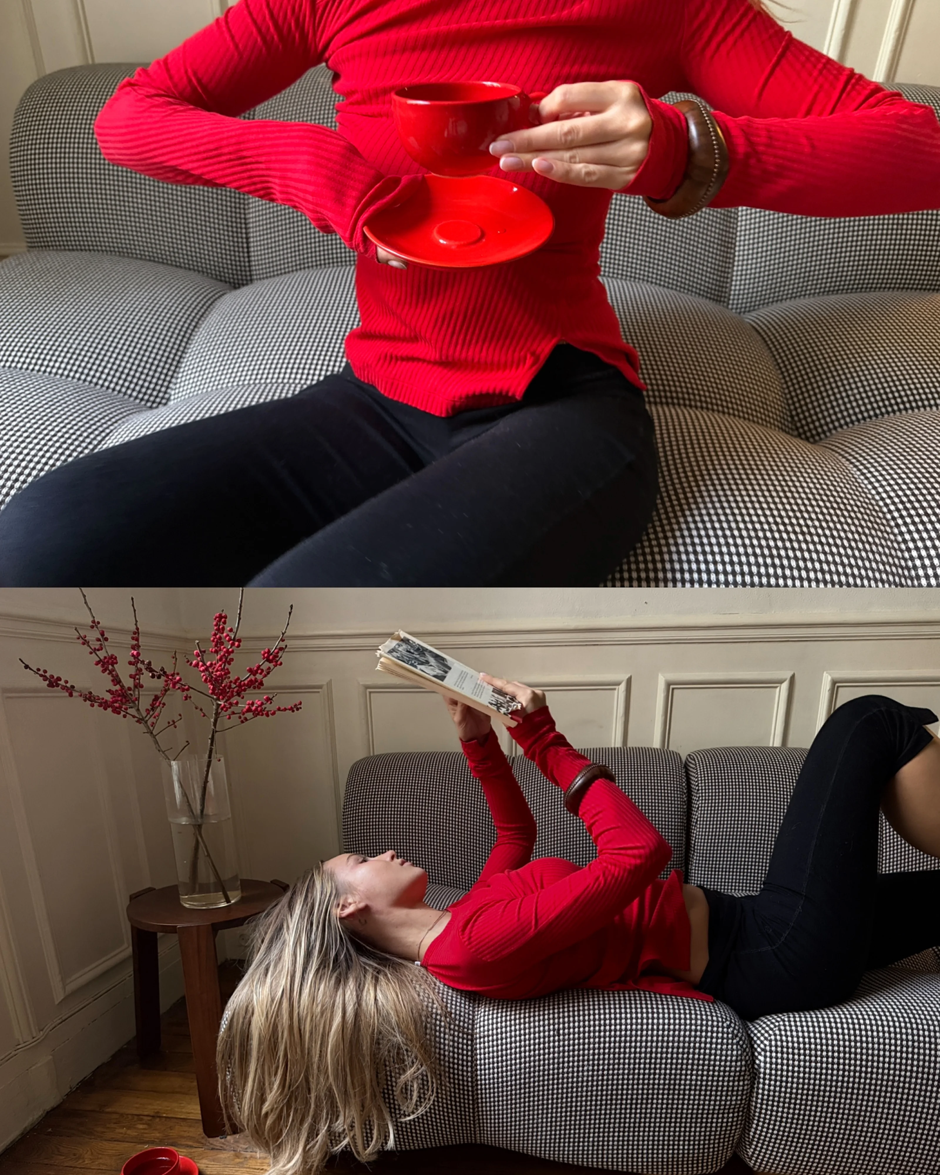 Dromedaren modulsoffa i brun och vit ullblandning med kvinna som läser en bok. 