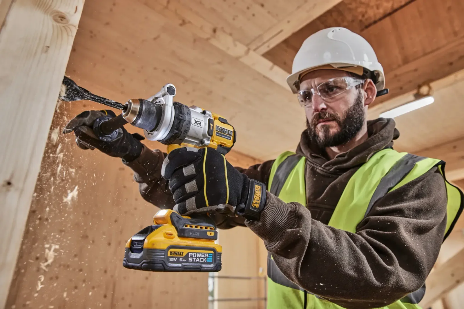 DeWalt DCD1007 hammer drill driver in use on site