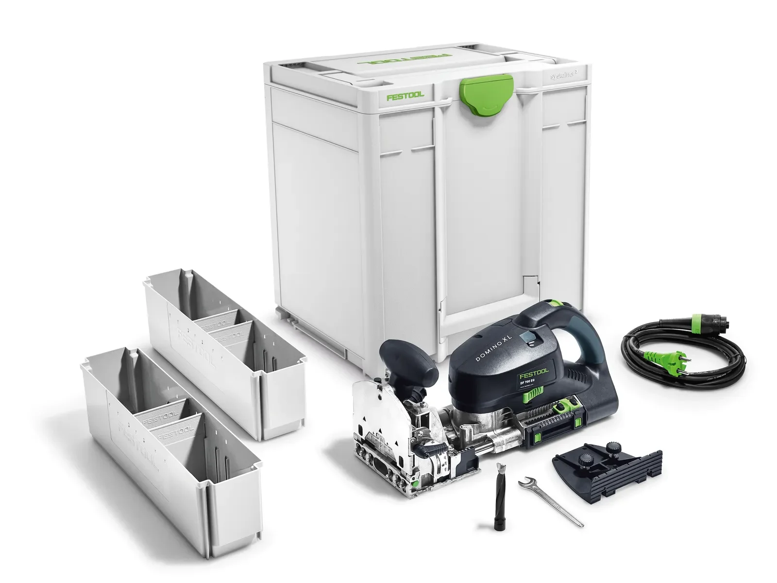 Festool DF 700 Plus contents: joiner, tenon box, cable and Systainer³
