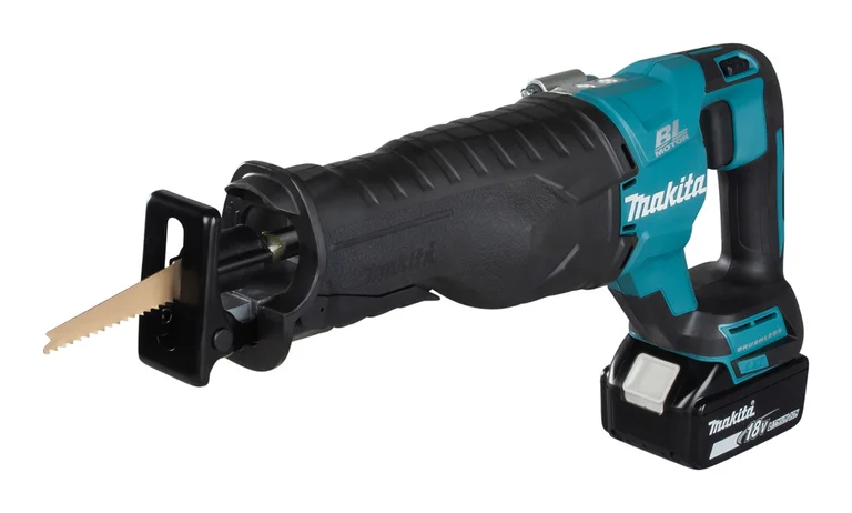 Makita DJR187 reciprocating saw, three-quarter view from the left