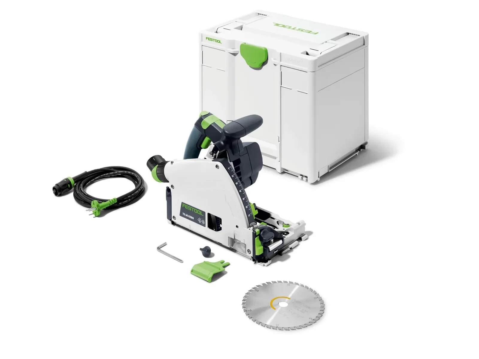 Festool TS 60 KEBQ-Plus contents: plunge saw, blade, cable and Systainer³