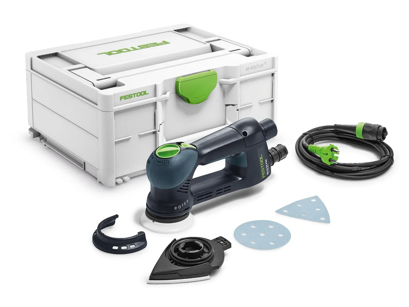 Festool RO 90 DX FEQ-Plus contents: sander, round and delta pads and Systainer³