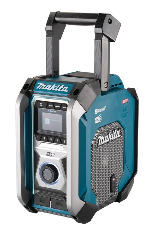 Makita MR007G jobsite radio, three-quarter view from the left