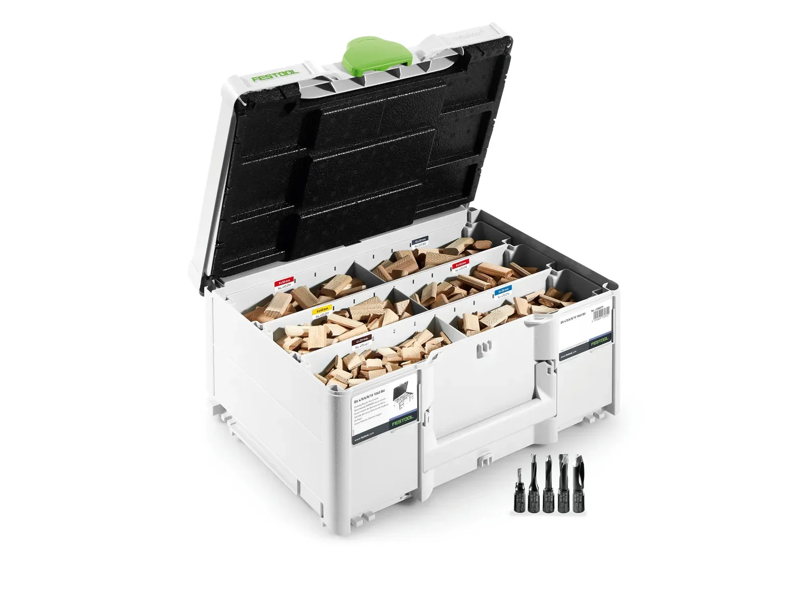 Festool DOMINO tenon assortment in an open Systainer³ with cutters