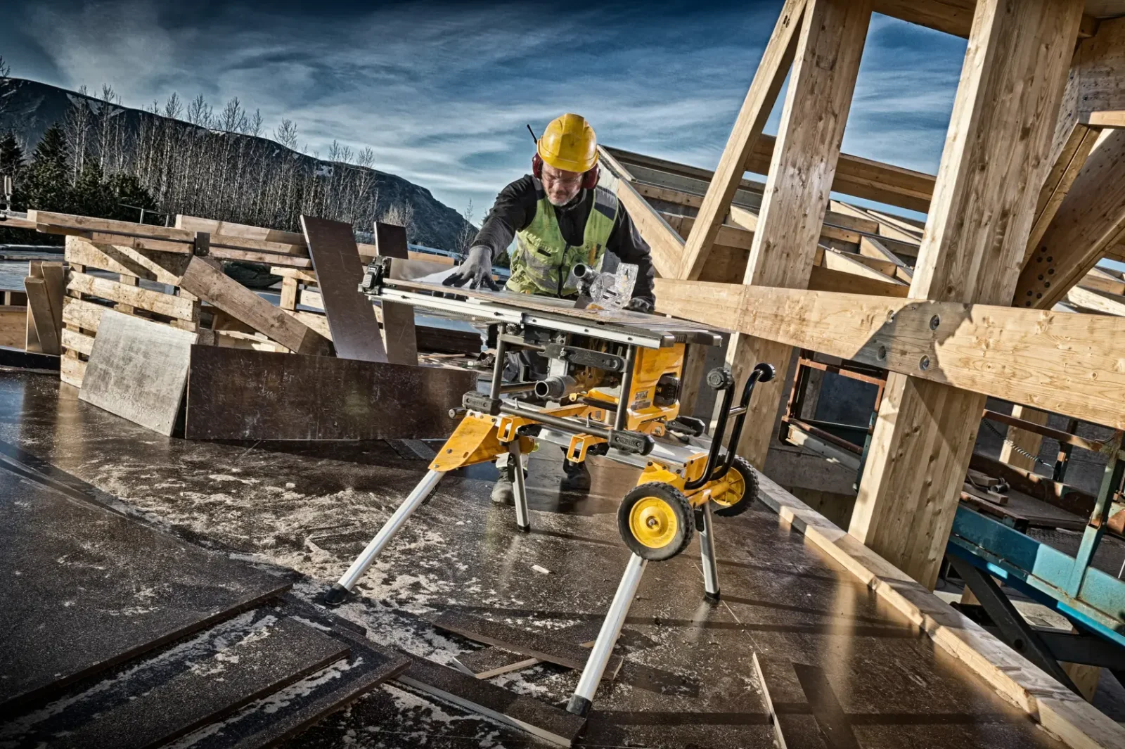 DeWalt DCS7485 table saw in use on site