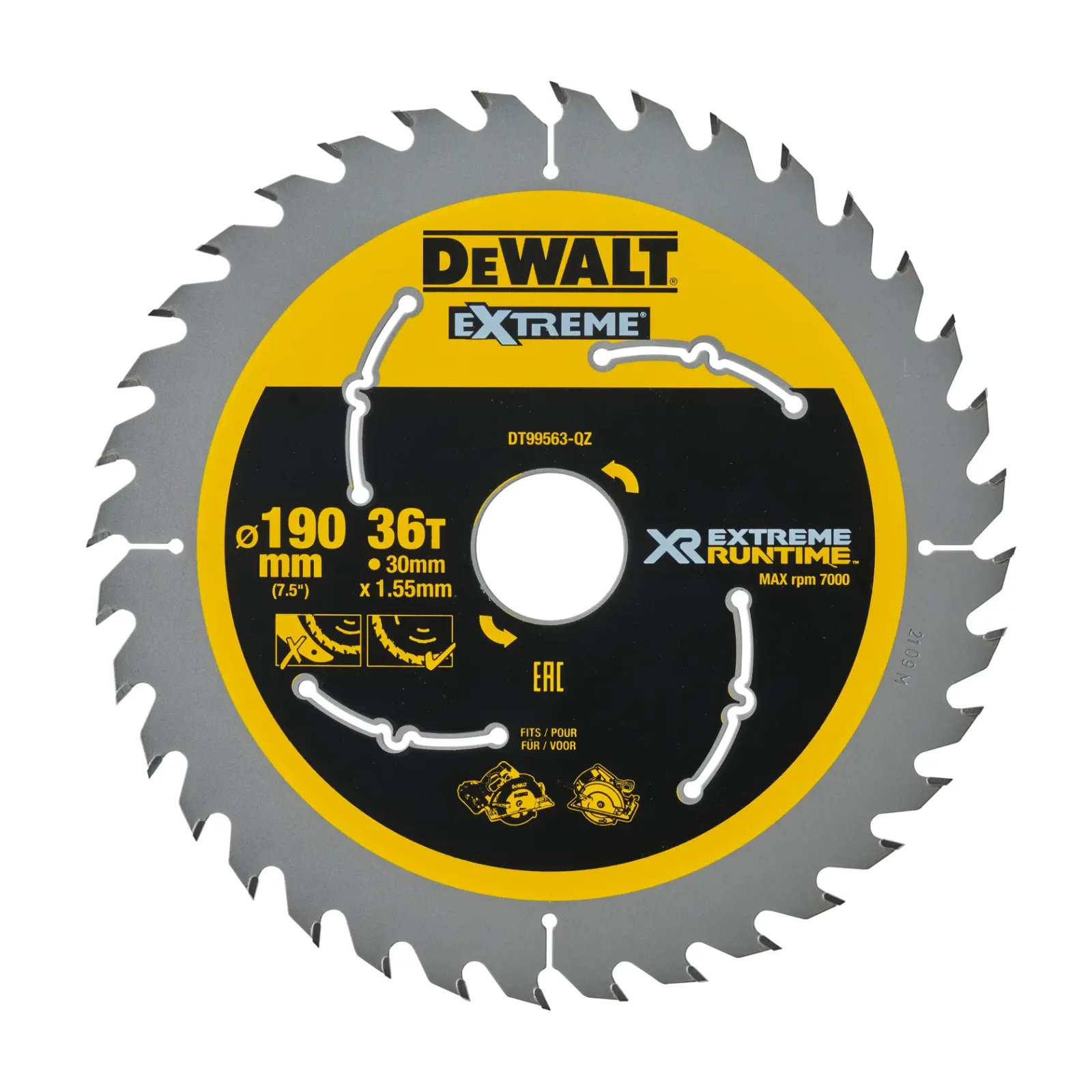 DeWalt XR EXTREME Runtime 190 mm 36-tooth saw blade, front view