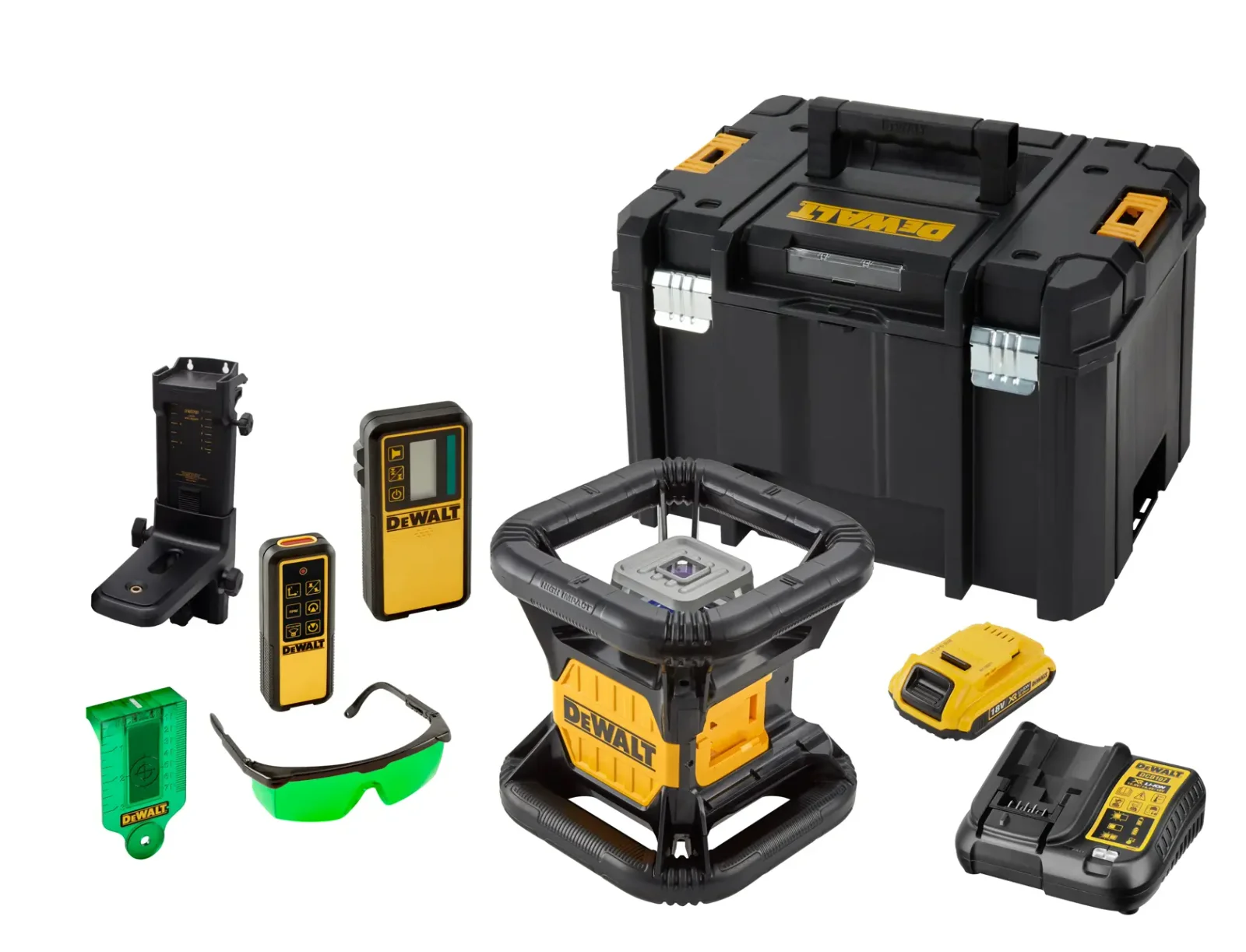 DeWalt DCE079 rotary laser, kit contents laid out